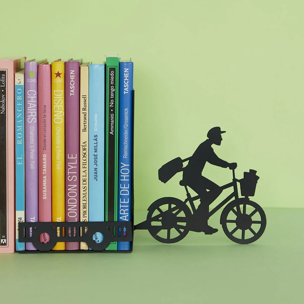 bookend with a metal black postman carrying the books
