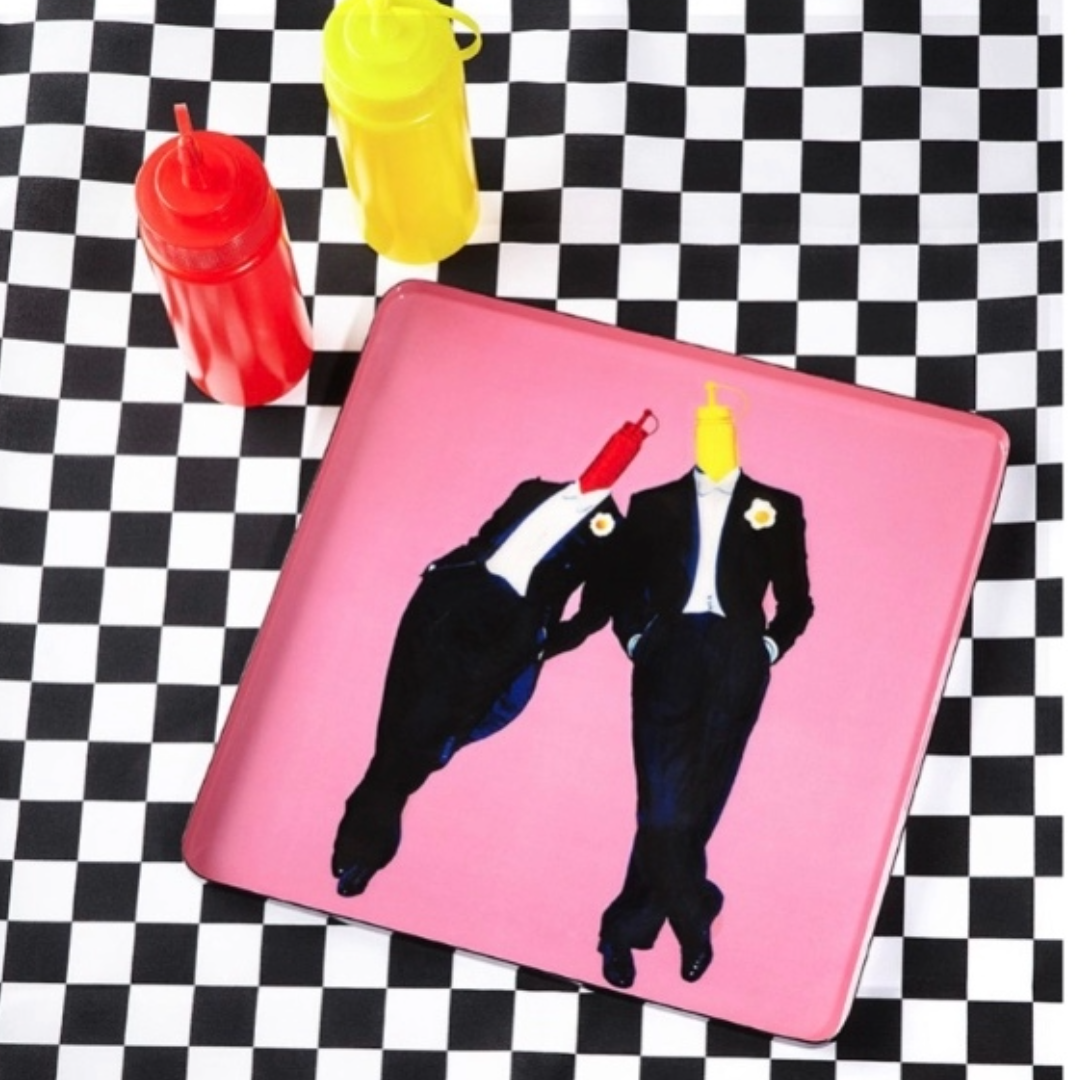 fun tray ketchup and mustard, eclectic tray with a men in a woman with ketchup and mustard heads