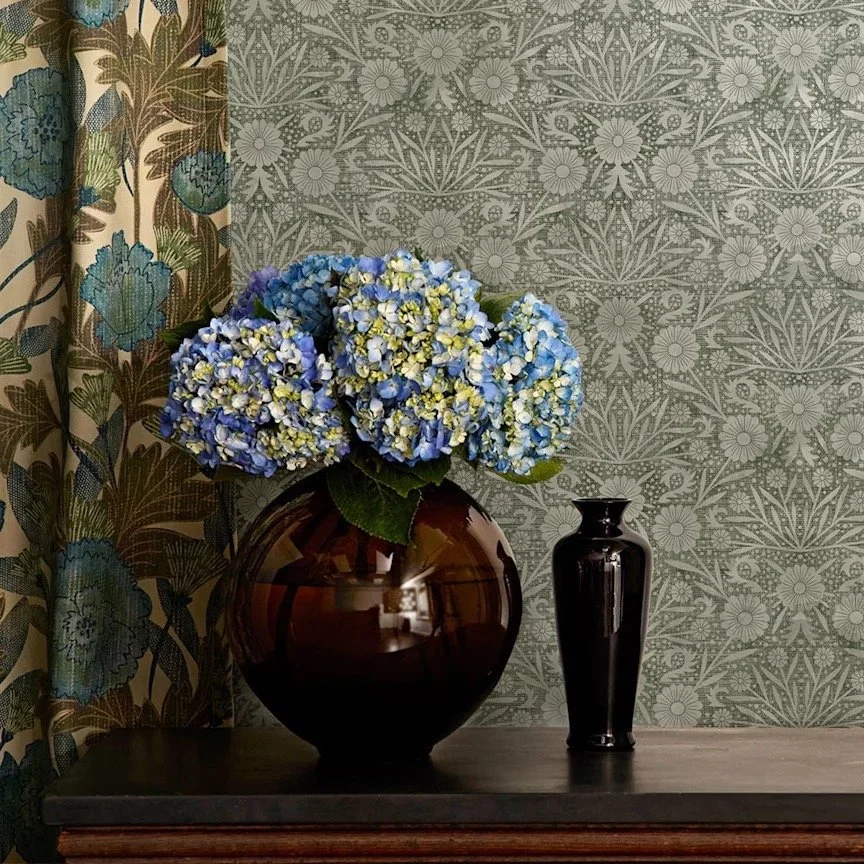 Crazy wonderful news - If you go to @spoonflower 's home page, you'll see 3 of my patterns featured 😮 The dark sage floral wallpaper and floral curtains in this first image, and the floral stripe fabric in the second image. I also have several patte