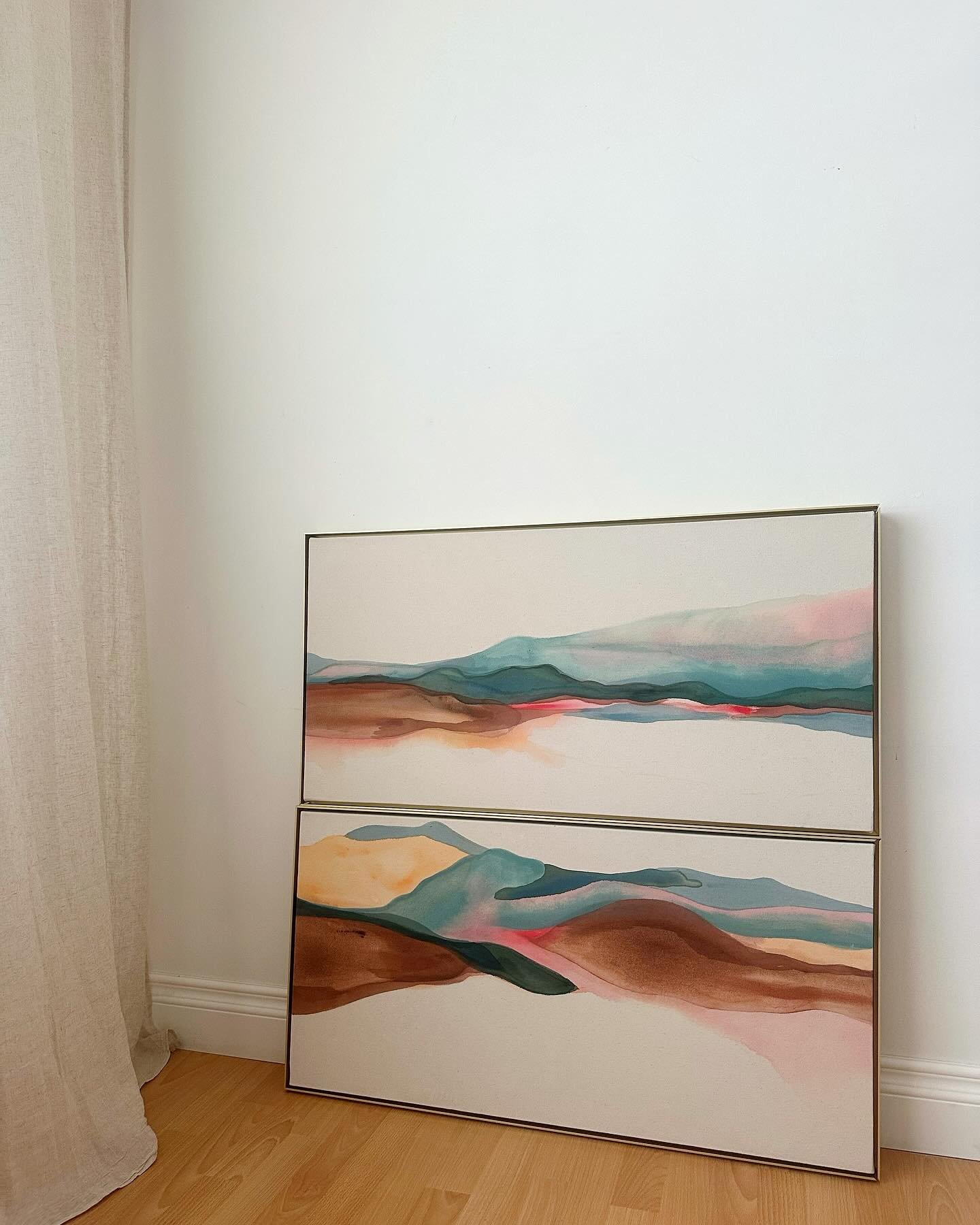 Am I crazy or do I love these paintings stacked (with the bottom one flipped)? 

They&rsquo;re not quite finished, but I&rsquo;m thinking of finishing them this way&hellip; or maybe they&rsquo;re meant to be a hang-any-way you want set. 

What do you