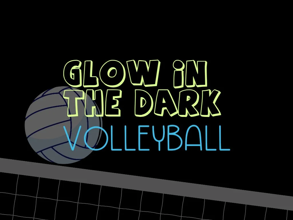 Glow in the Dark Volleyball title with volleyball and net in background