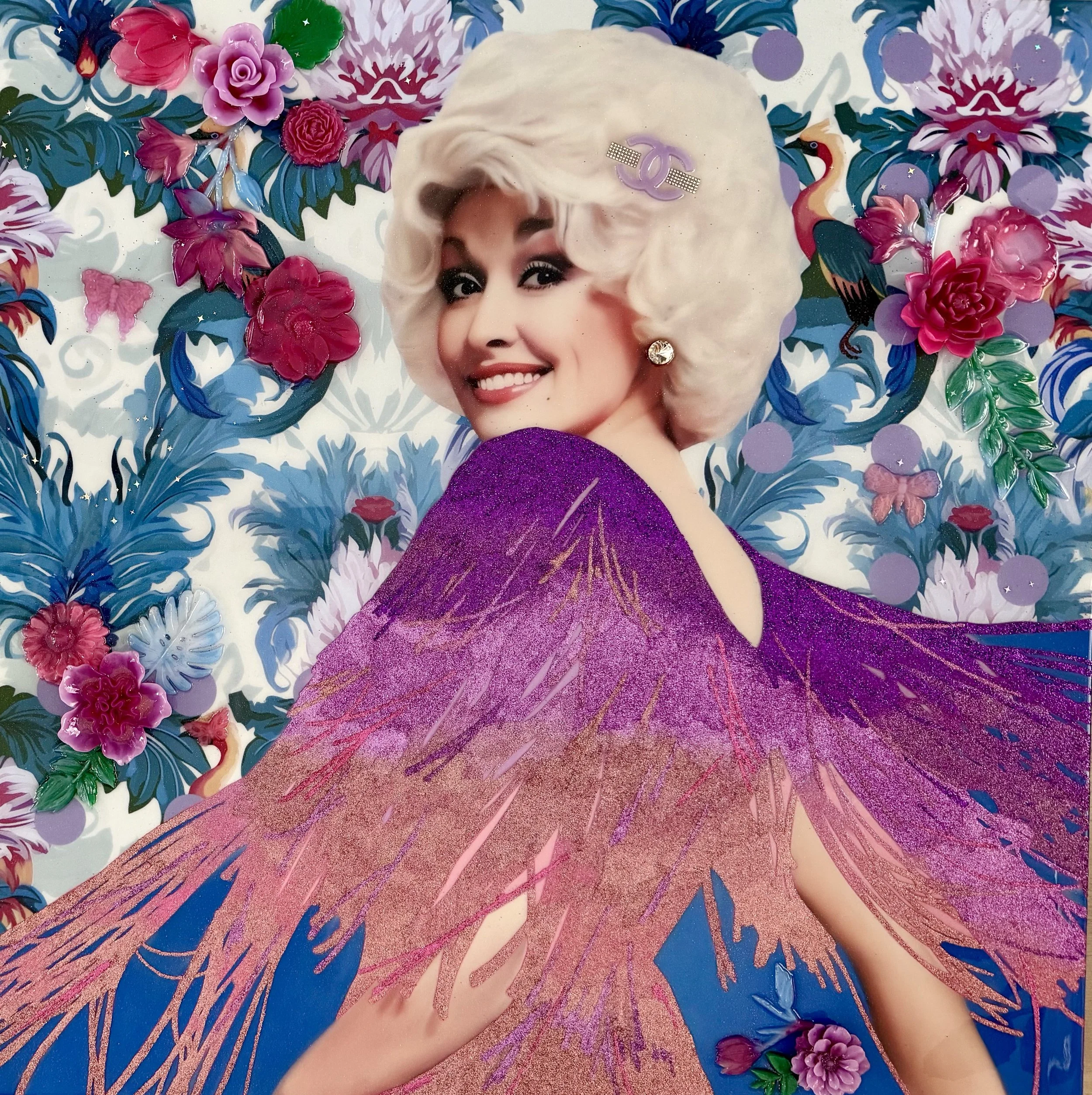 Dancing Dolly, Mixed media and resin on canvas with panel backing, 30 x 30 in. 2025