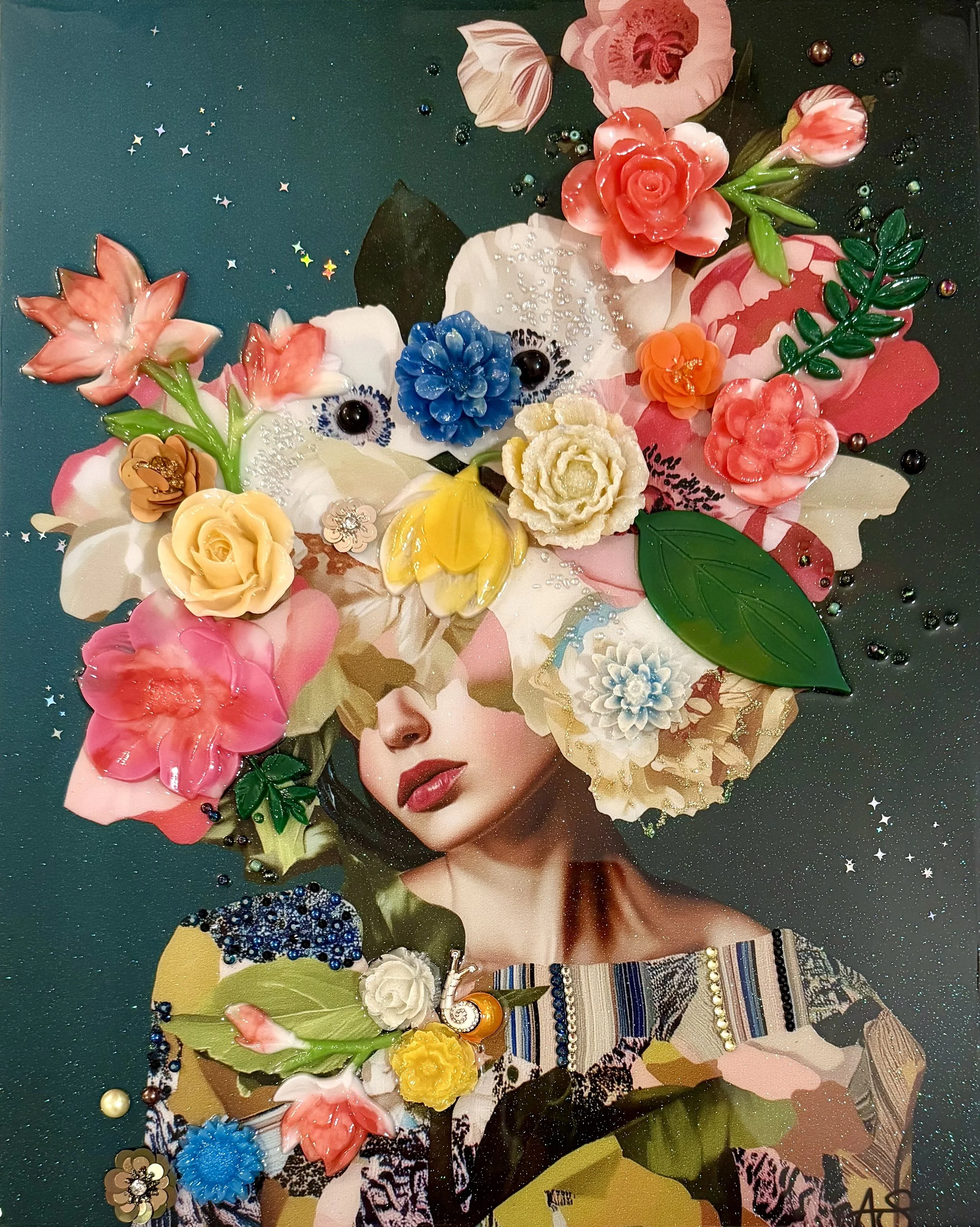 Midnight, Mixed media and resin on canvas with panel backing, 20 x 16 in. 2025