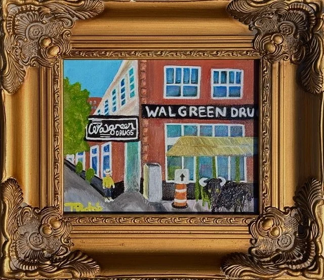 Buffalo and Cowboy at Walgreens Drugs Downtown San Antonio, Acrylic on canvas in ornate frame. 8 x 10 in. 2025