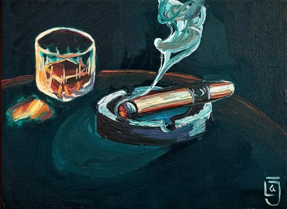 Whiskey and Smoke, Oil and Acrylic ink on canvas, 10 x 13 in. framed, 2025. SOLD