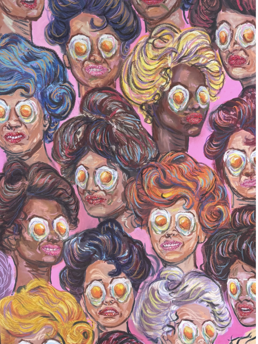 Ew, Oil, canvas collage, rhinestones on canvas,
30 x 40 in., 2023
