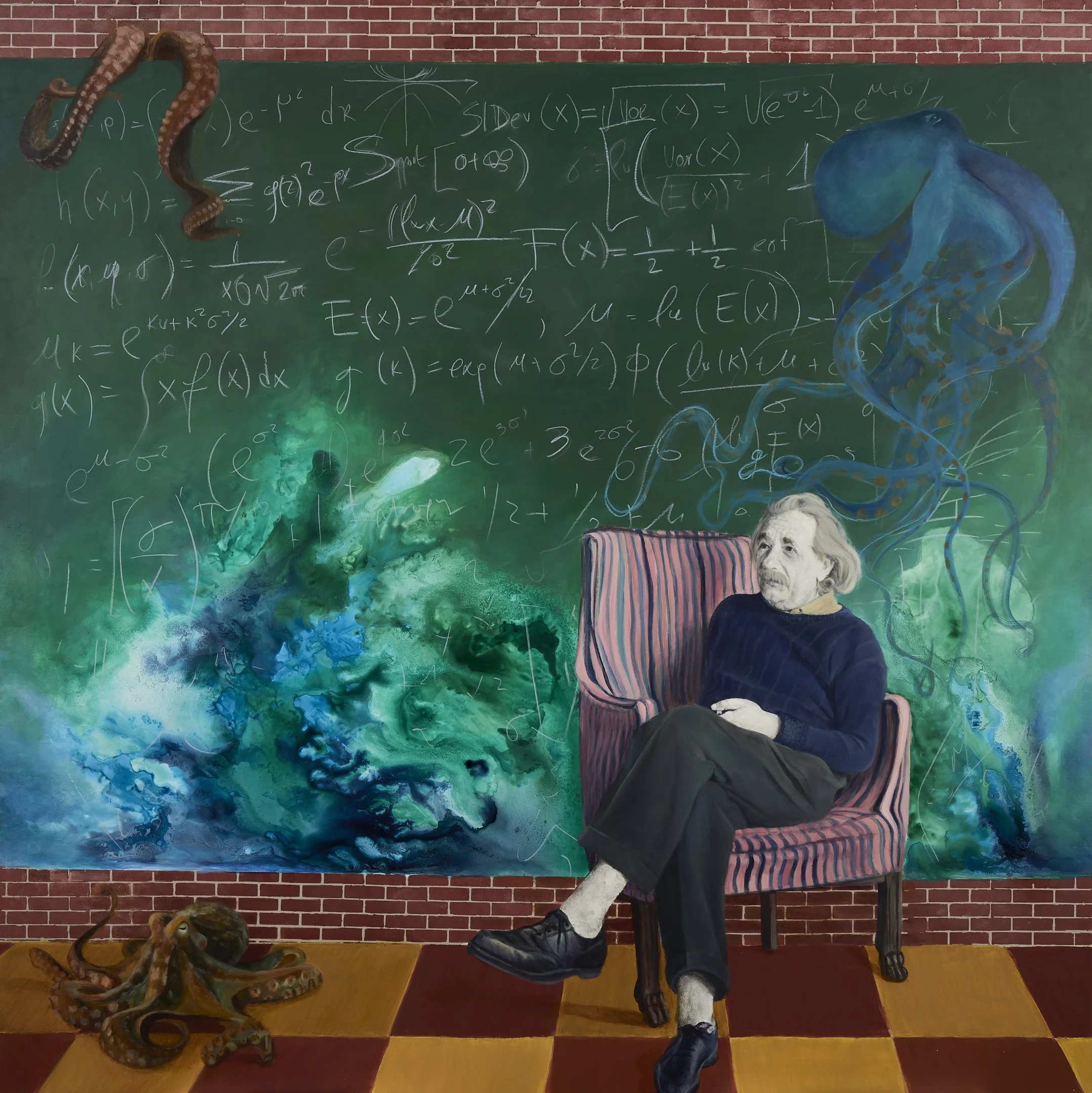 Deep In Thought, Acrylic, ink and transfer on wood panel, 48 x 48 in.