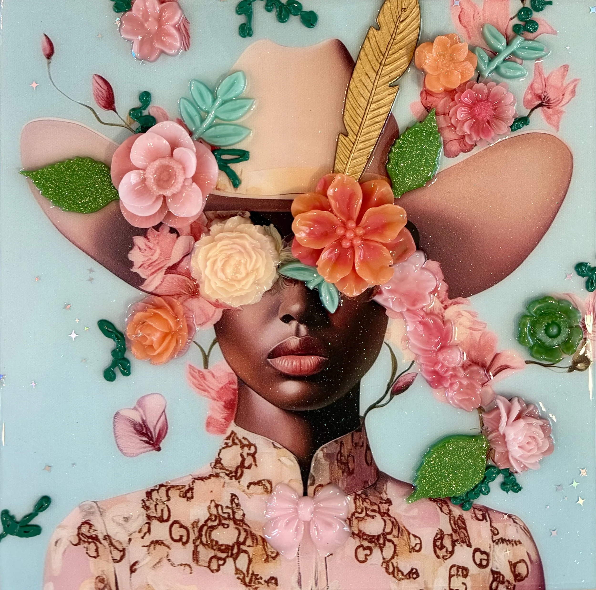 Pretty As A Peach, Mixed media on panel, 12 x 12 in. 2025, SOLD