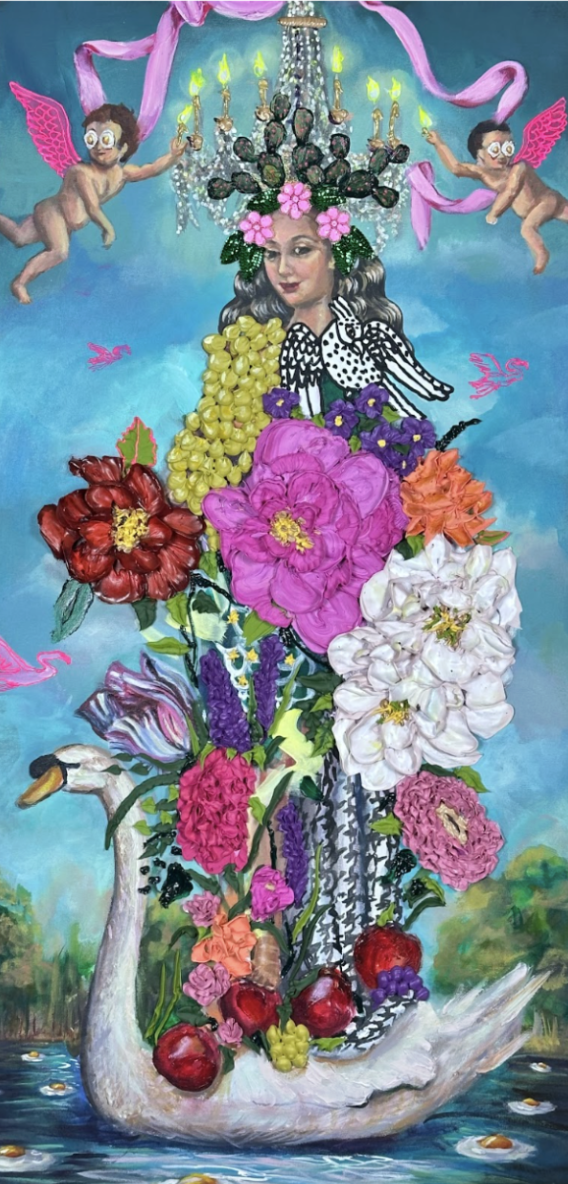 Our Lady of Abundance, Acrylic, oil, rhinestones on canvas, 48 x 24 in., 2025
