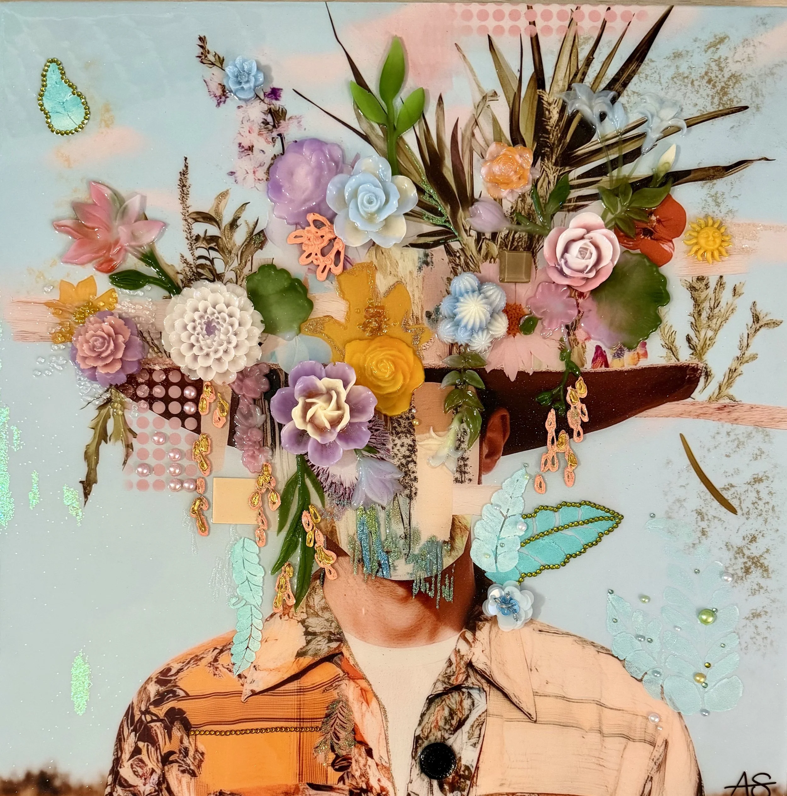 Blue Skies, Mixed media and resin on canvas with panel backing, 24 x 24 in. 2025