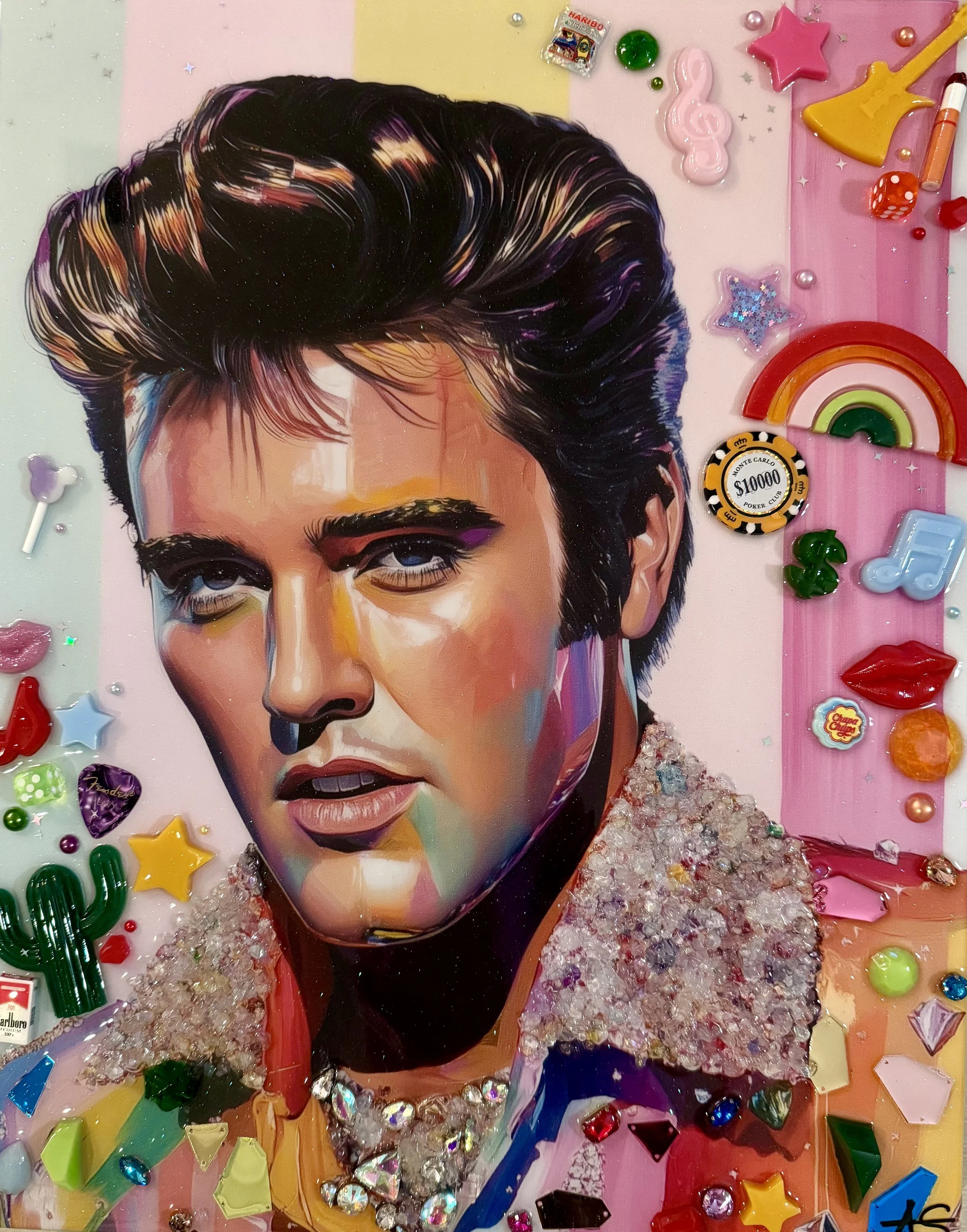 Elvis, Mixed media and resin on canvas with panel backing, 20 x 16 in. 2025, SOLD