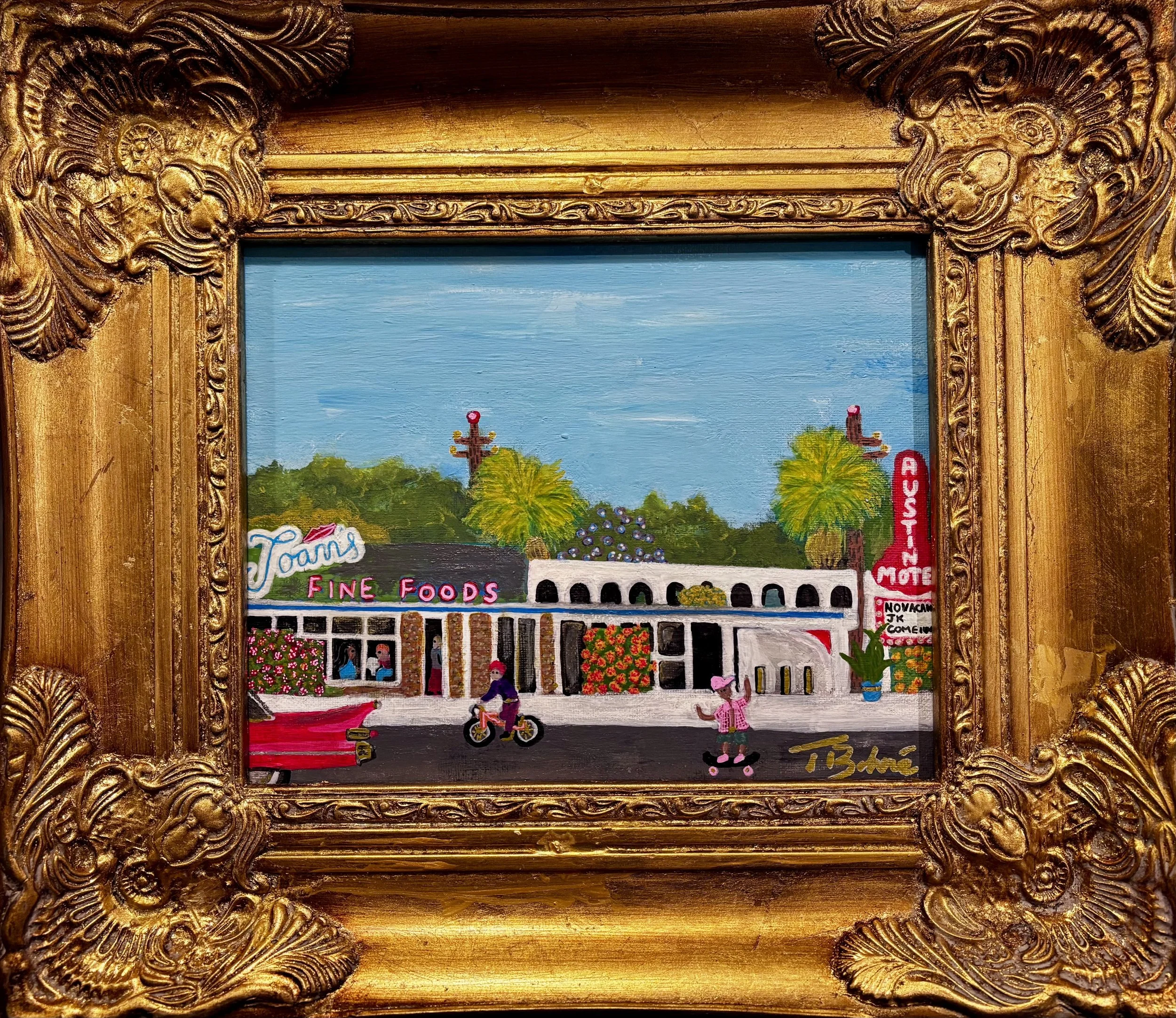 Cruisin’ Congress at Joann’s and Austin Motel, Acrylic on canvas in ornate frame, 8 x 10 in. 2025