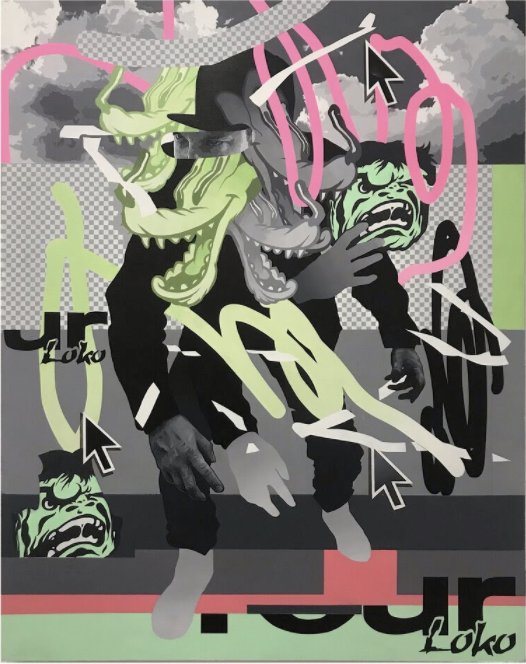 James Supa, LOKO, Acrylic and screen print on birch wood panel, 48 x 38 in. 2021