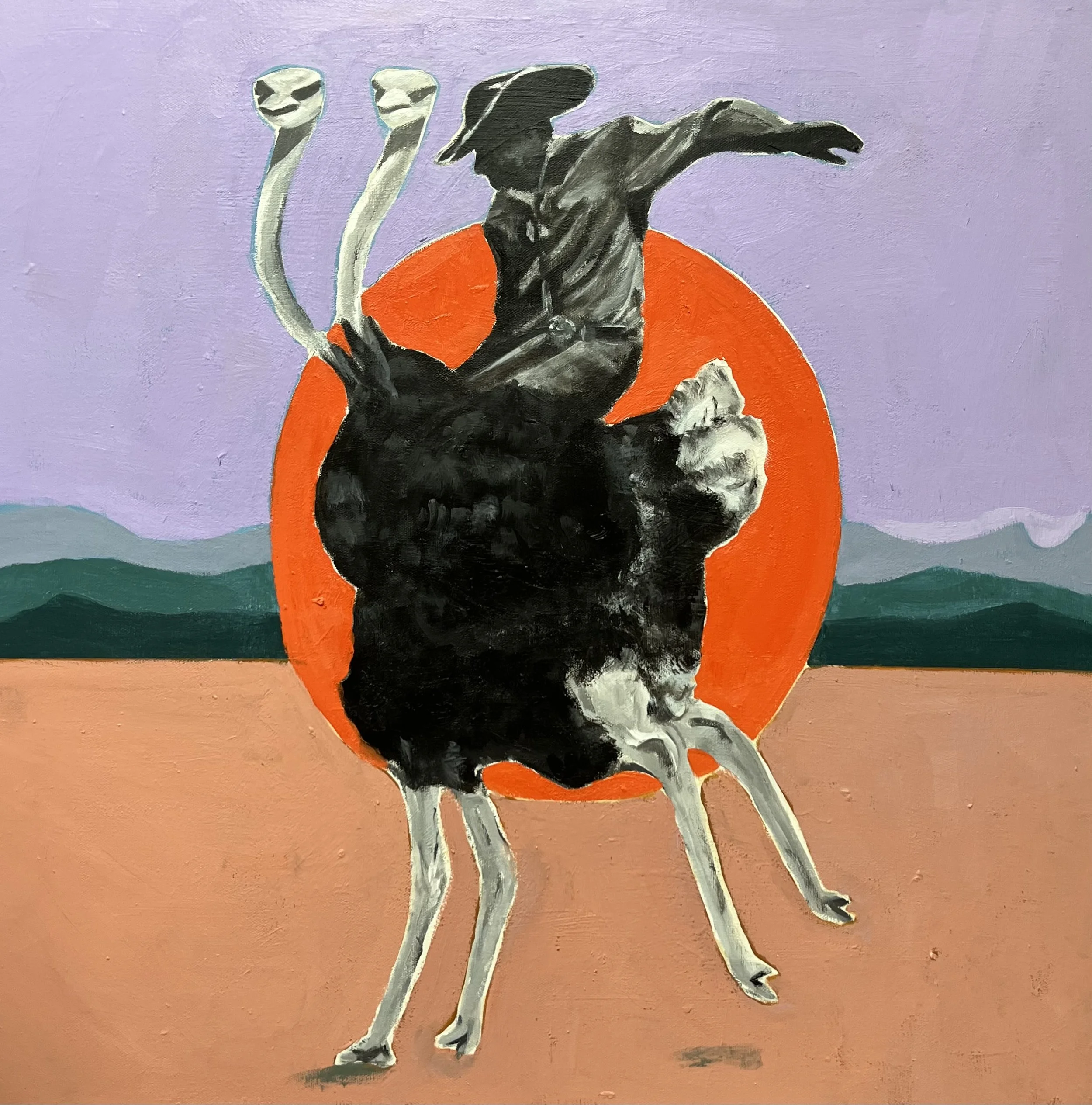 Ostrich Riding, Acrylic on canvas, 24 x 24 in. 2024