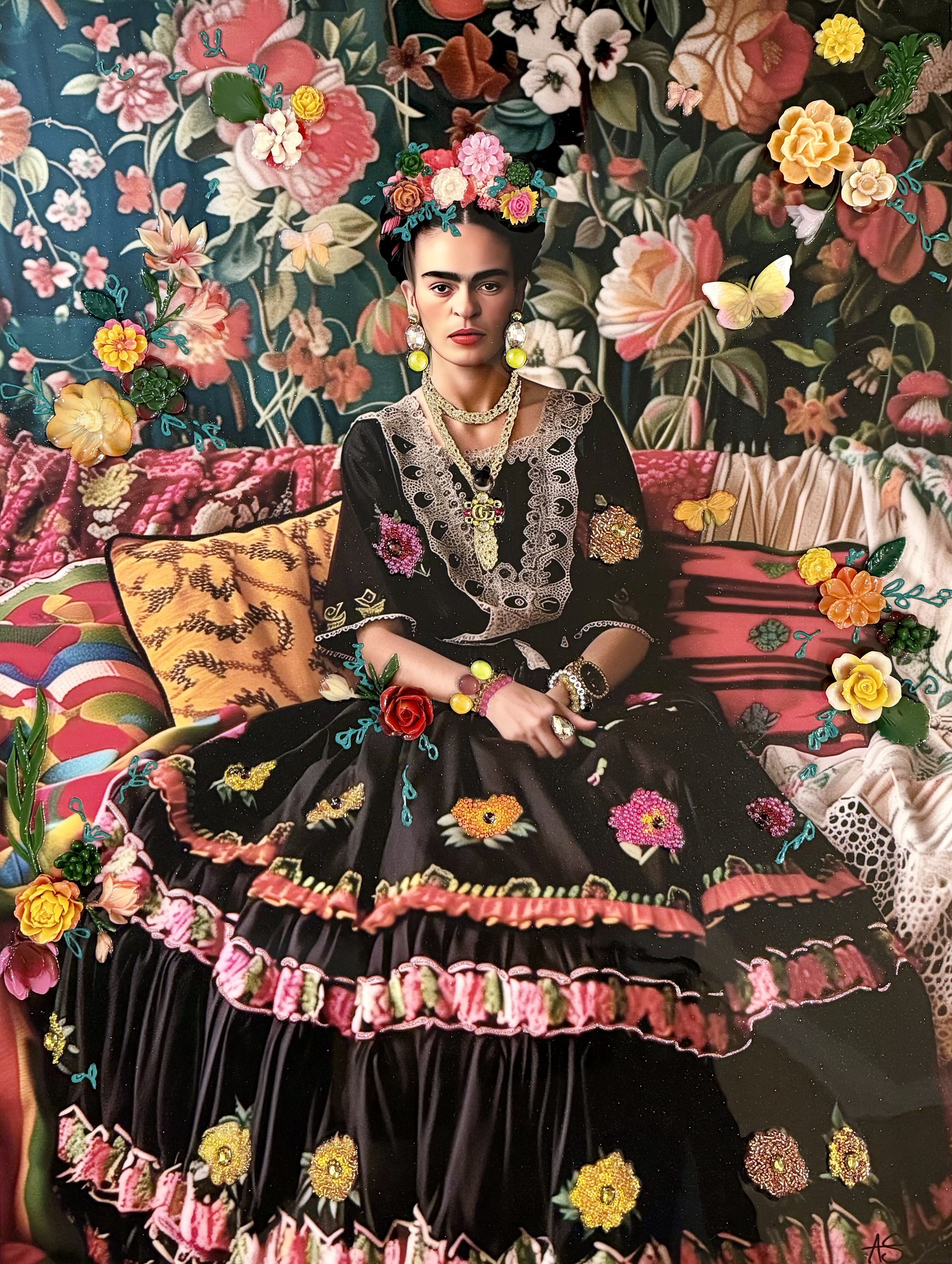 Frida and Florals, Mixed media and resin on canvas with panel backing, 48 x 36 in. 2025, SOLD