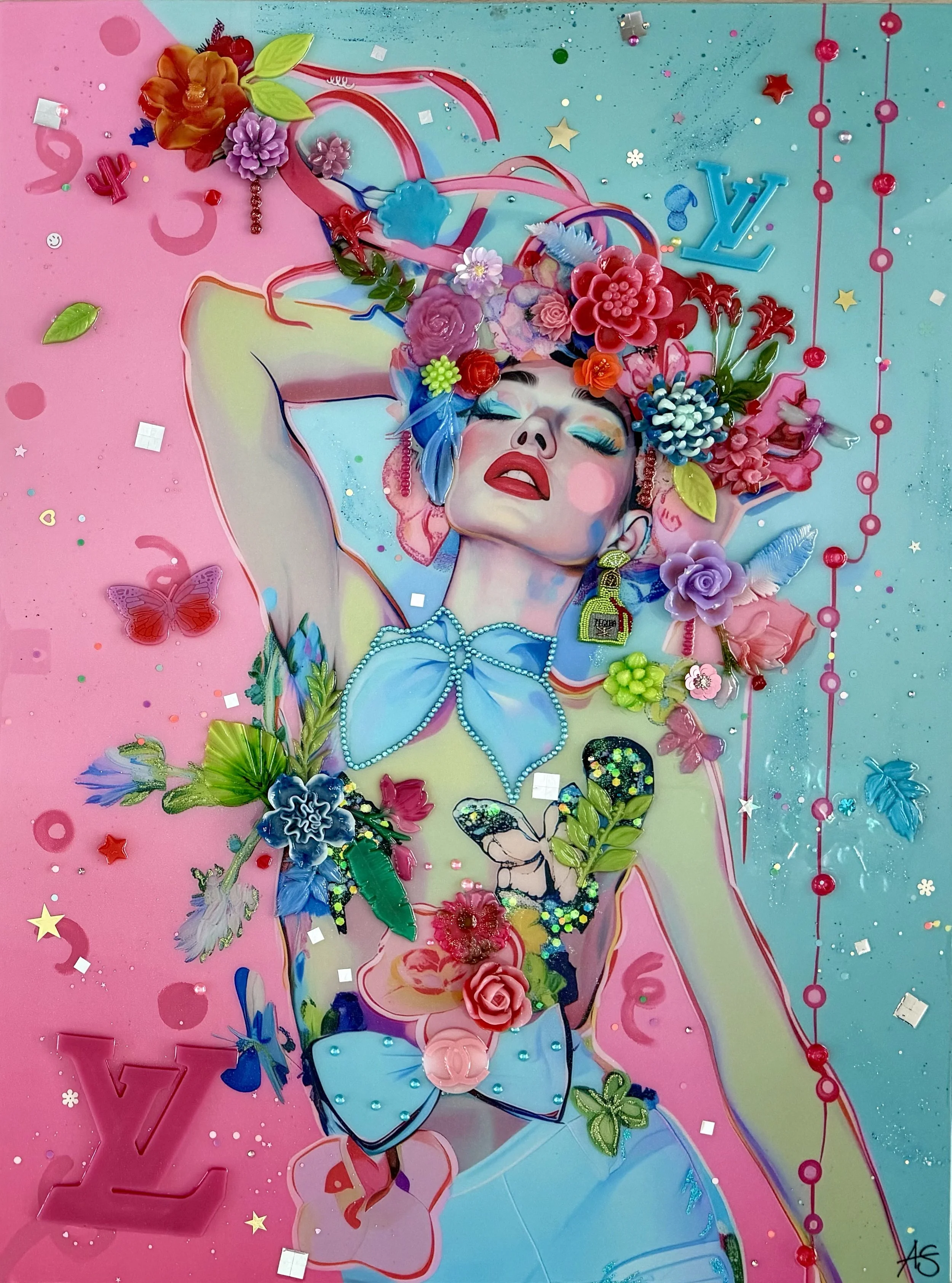 Fiesta, Mixed media and resin on canvas with panel backing, 40 x 30 in. 2025