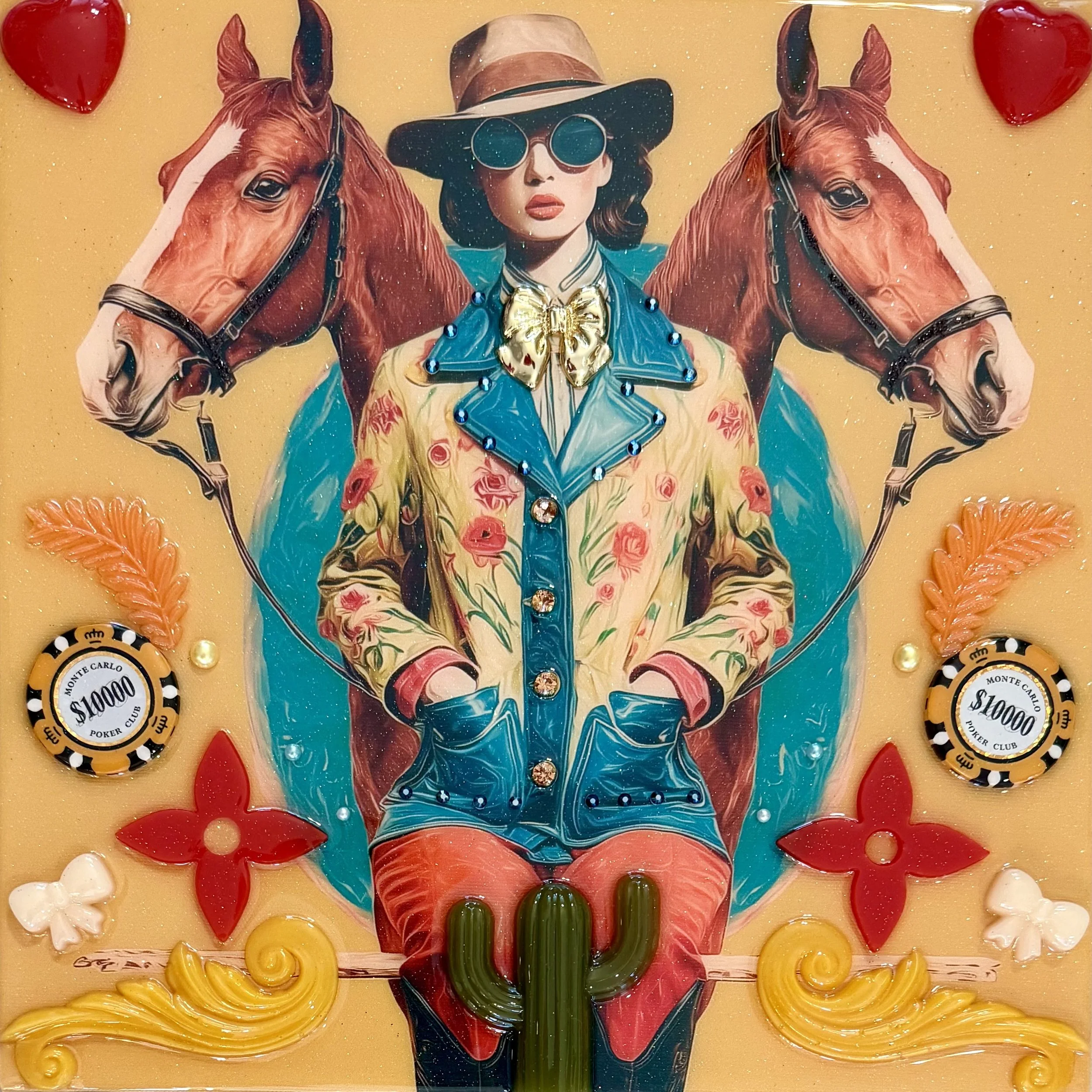 Giddy Up, Mixed media and resin on canvas with panel backing, 12 x 12 in. 2025