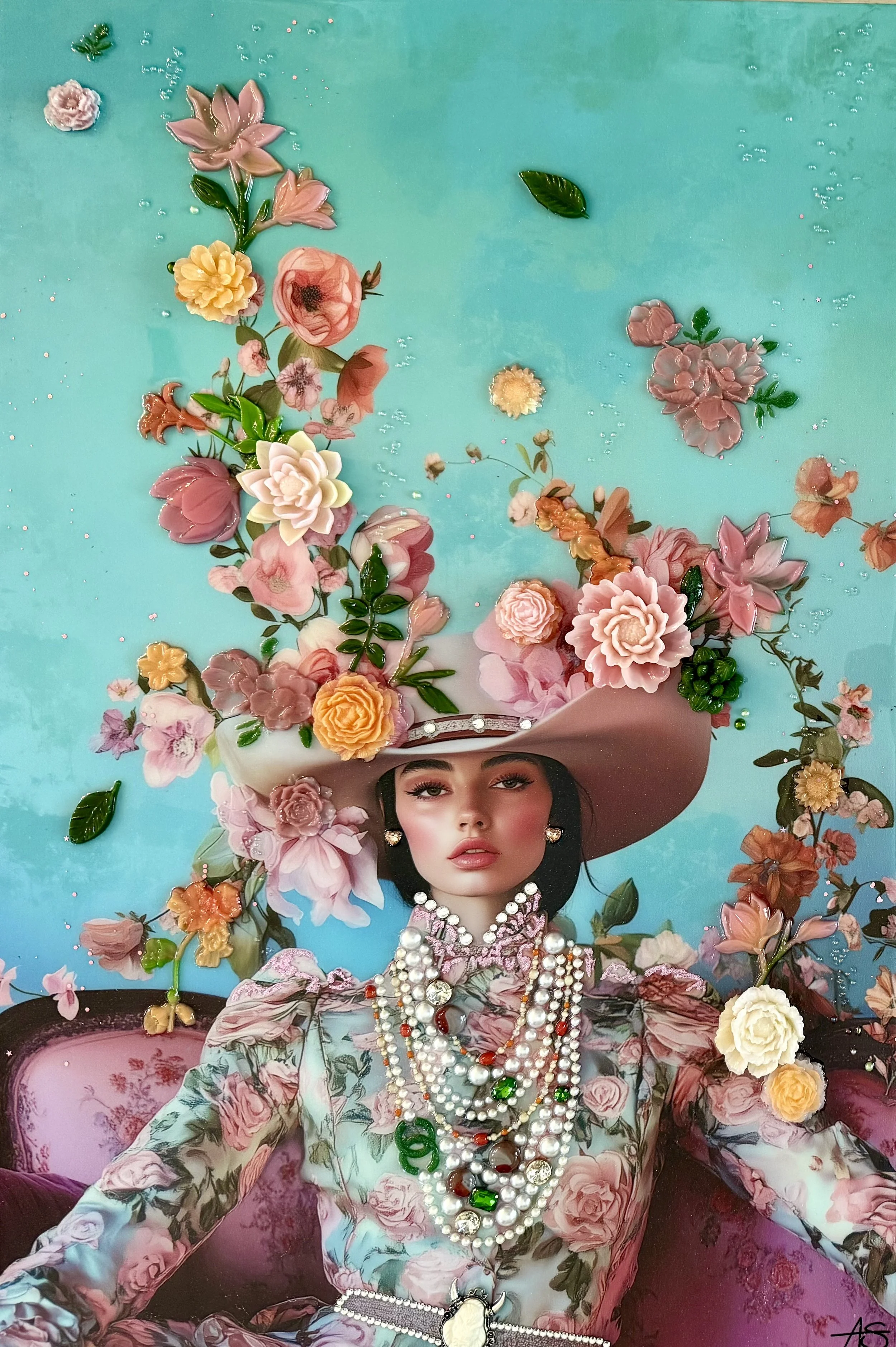 Sitting Pretty, Mixed media and resin on canvas with panel backing, 36 x 24 in. 2025