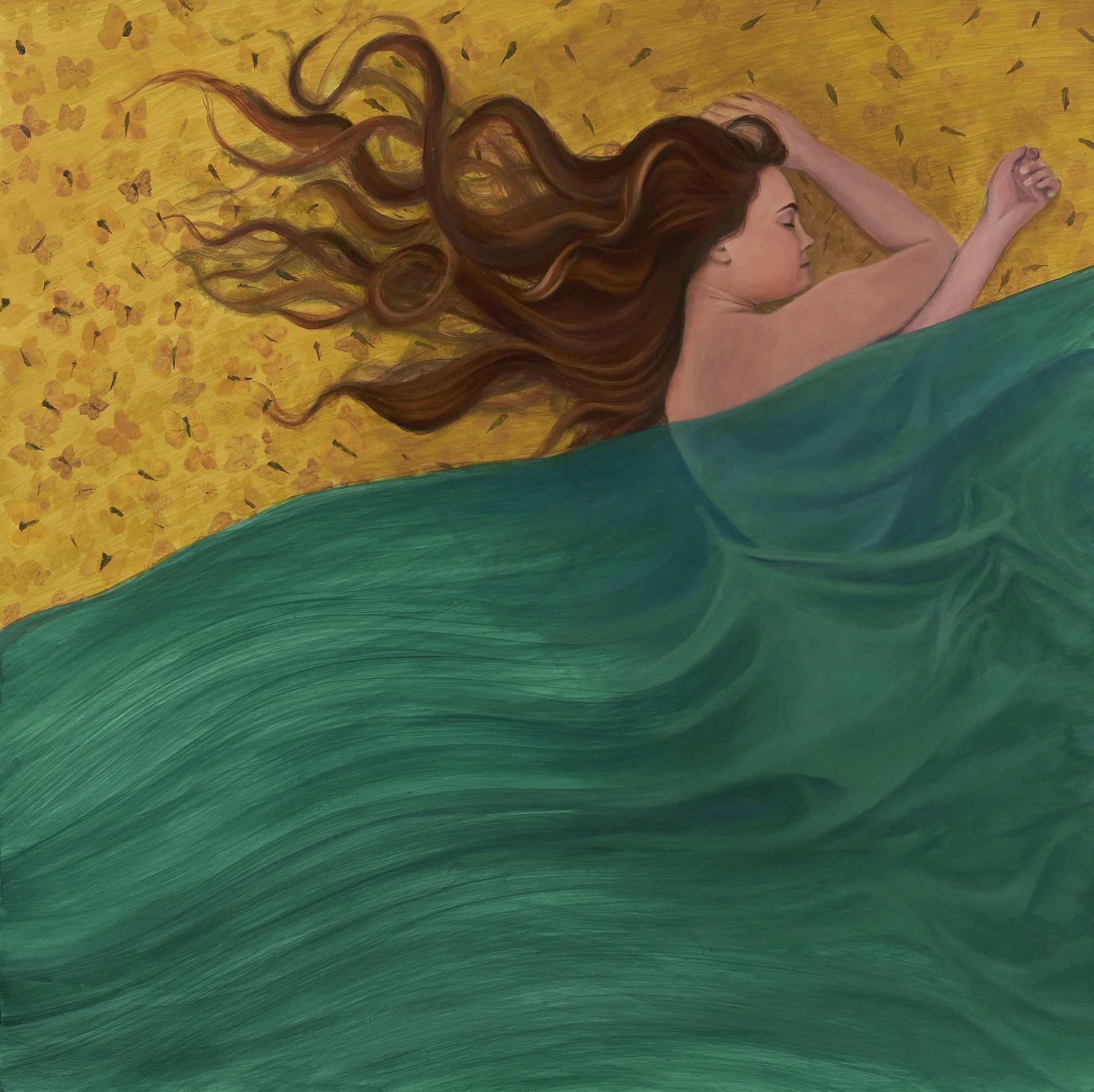 The Yellow Butterflies, Acrylic and ink on wood panel, 24 x 24 in.
