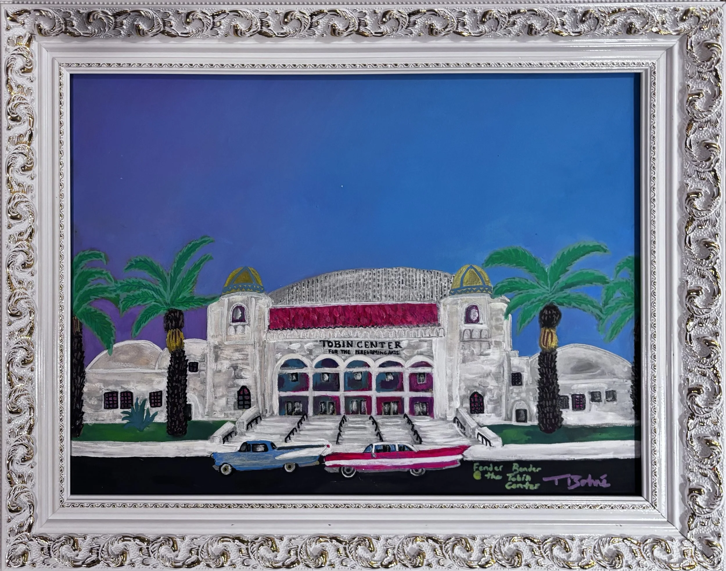 Fender Bender at Tobin Center, Acrylic on canvas, 18 x 24 in. 2025