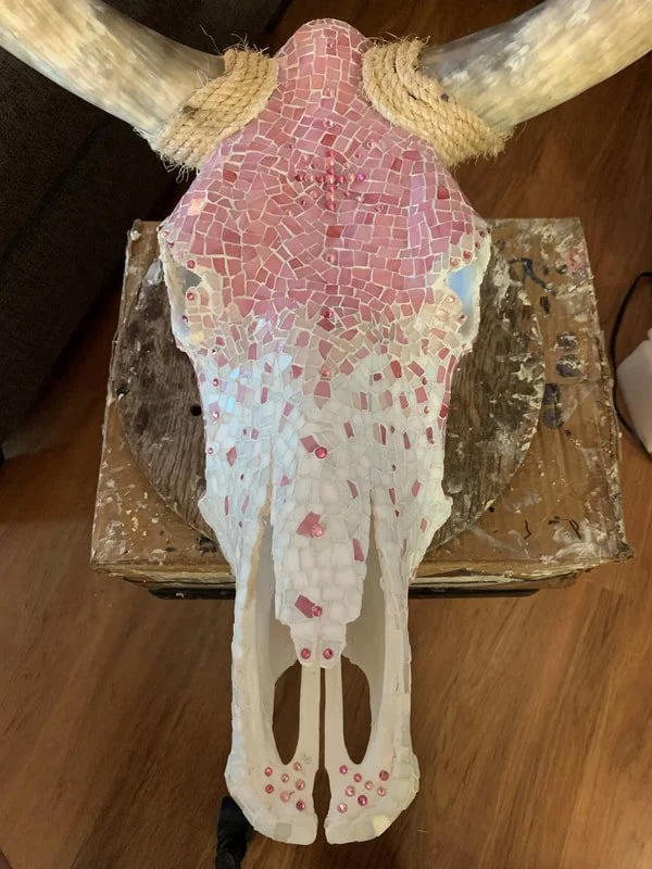 Pink Lady, Mosaic, stained glass, Swarovski Crystals, Longhorn, 50 x 35 x 14 in. 2024