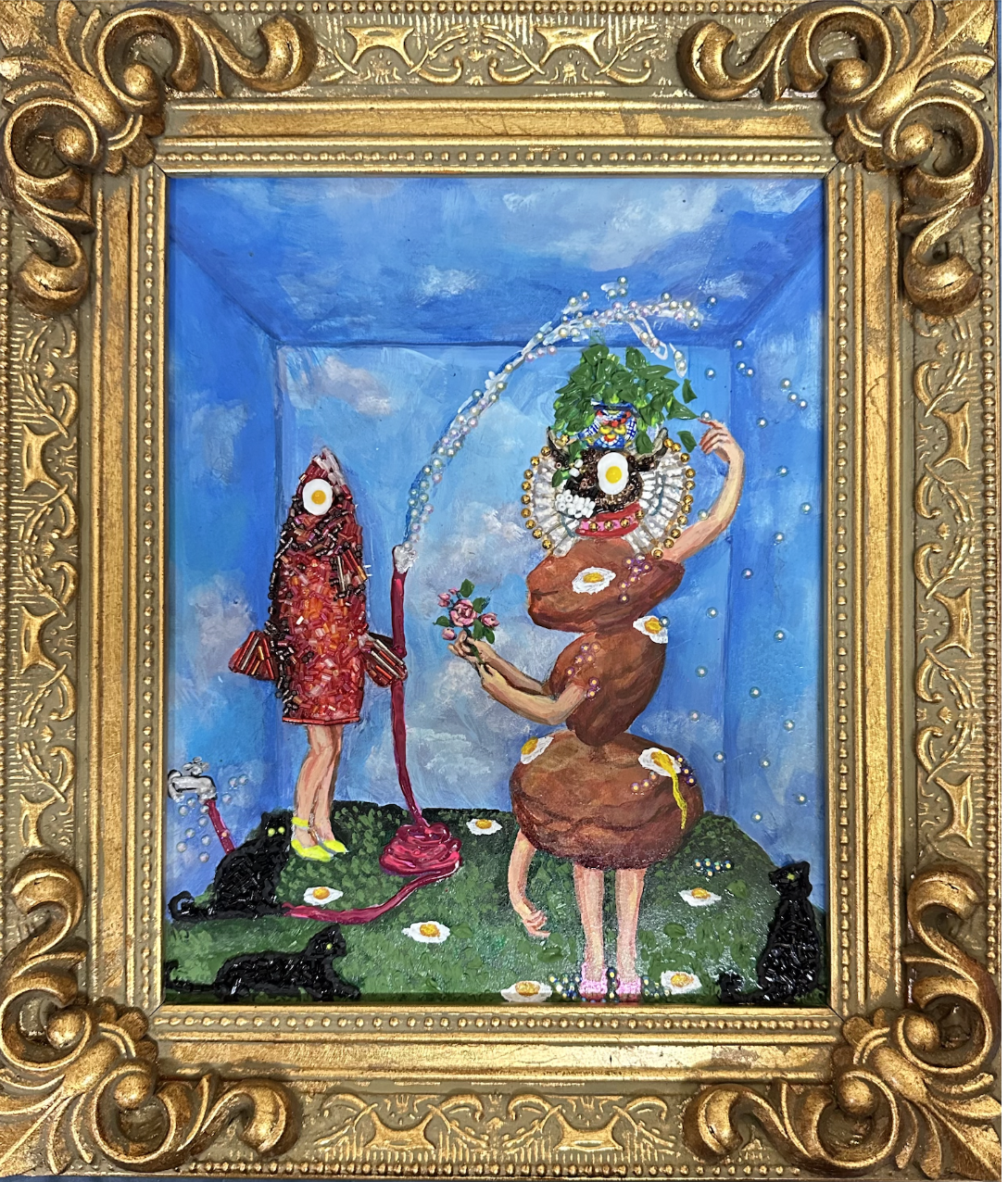 Play Date, Oil, bead embroidery, acrylic on canvas, 8 x 10 in., 2025

