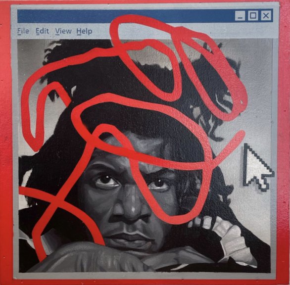 James Supa, BASQUIAT, Acrylic and screen print on wood panel, 12 x 12 in. 2020