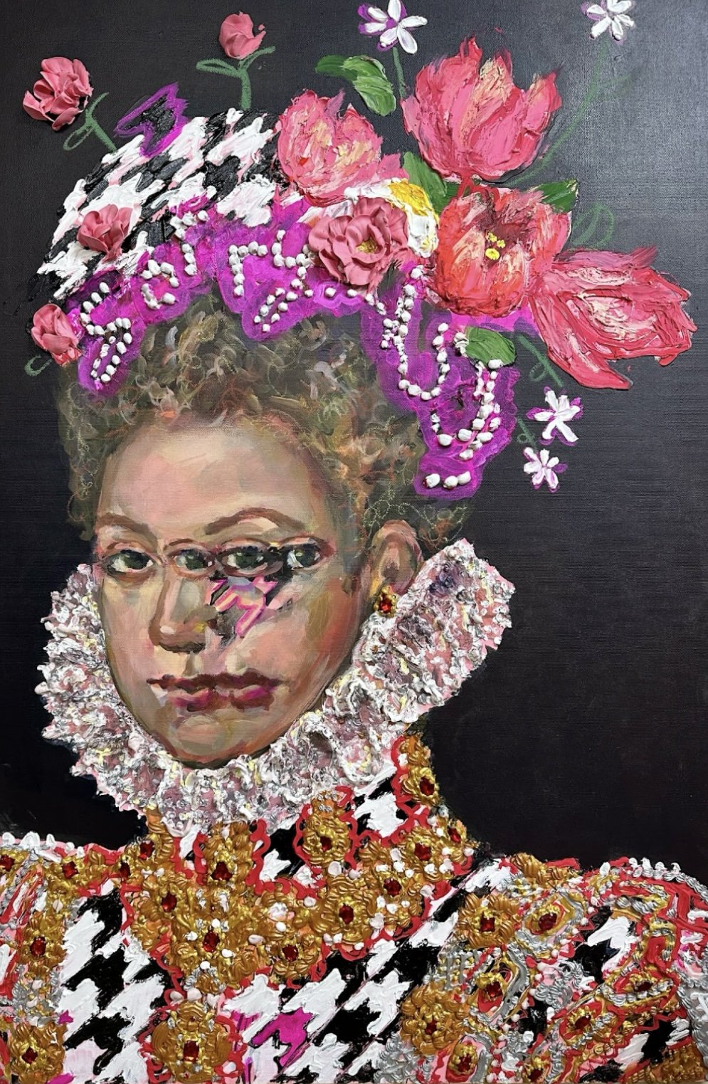 Sorry-ish, Acrylic, latex, glass beads, oil on canvas, 36 x 24 in. 2023