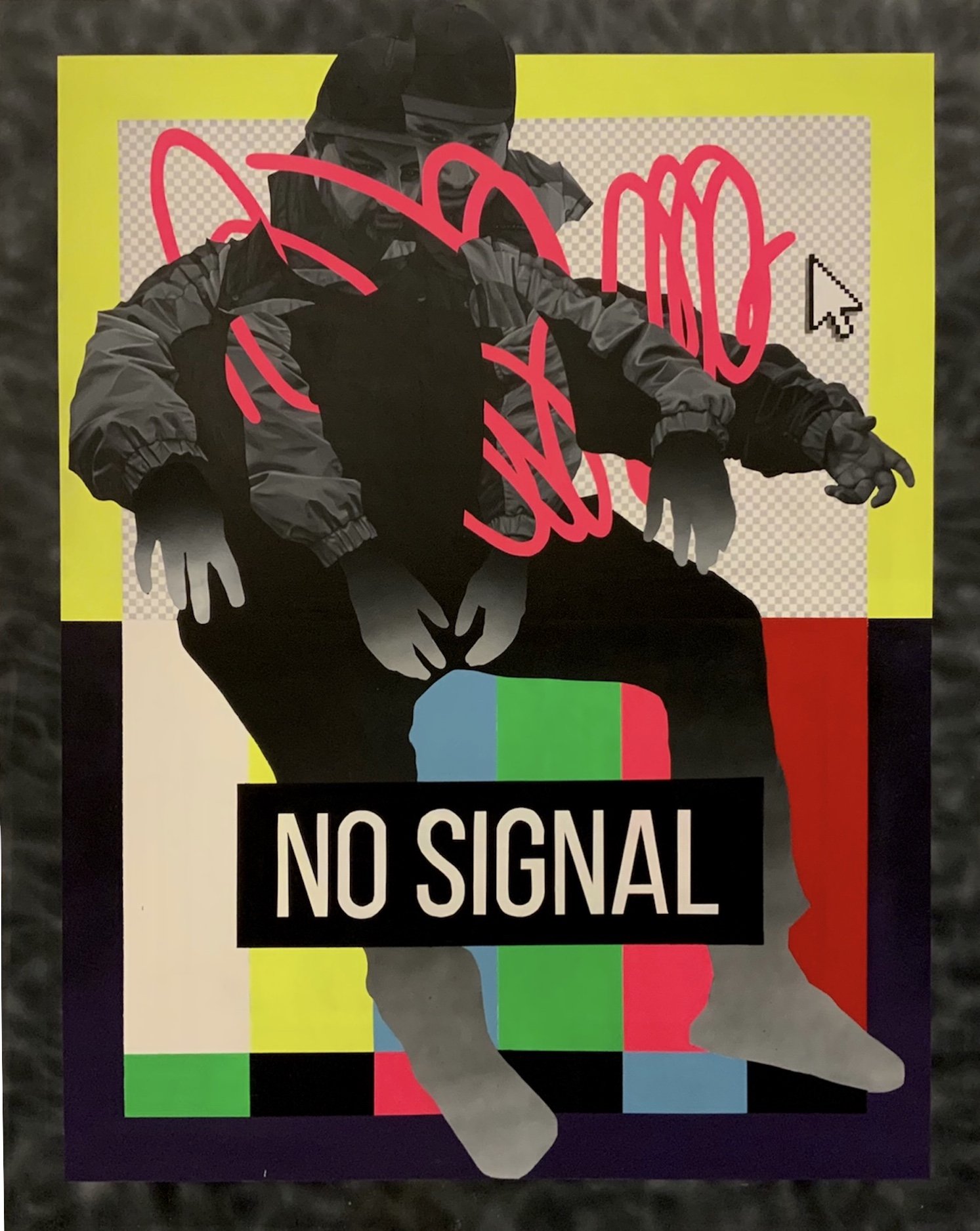 James Supa, NO SIGNAL, Acrylic, screen print, and spray paint on birch wood panel, 60 x 48 in. 2021