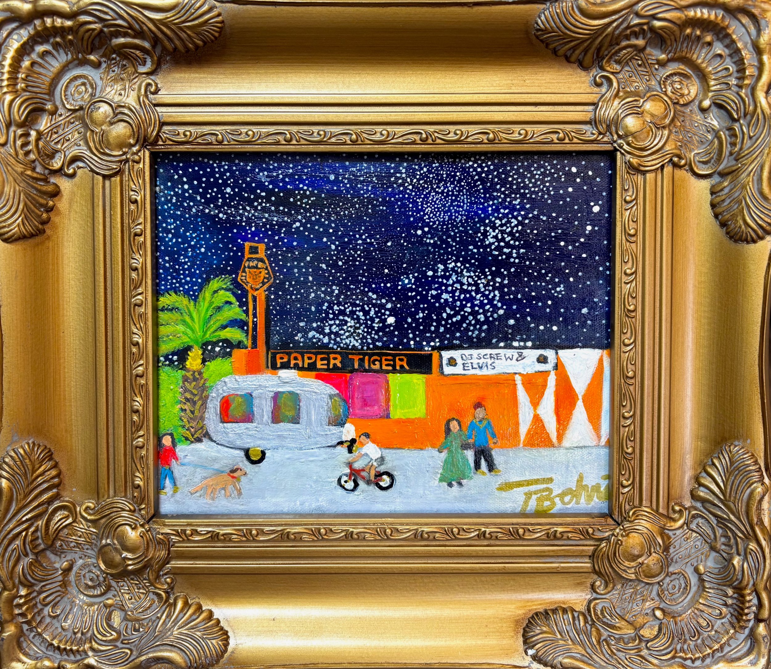 One Night Only at Paper Tiger, Acrylic on canvas in ornate frame, 8 x 10 in. 2025