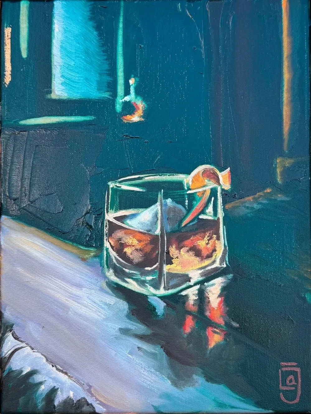 Golden Hour, Oil and acrylic ink on canvas, 10 x 13 in. framed, 2025. SOLD