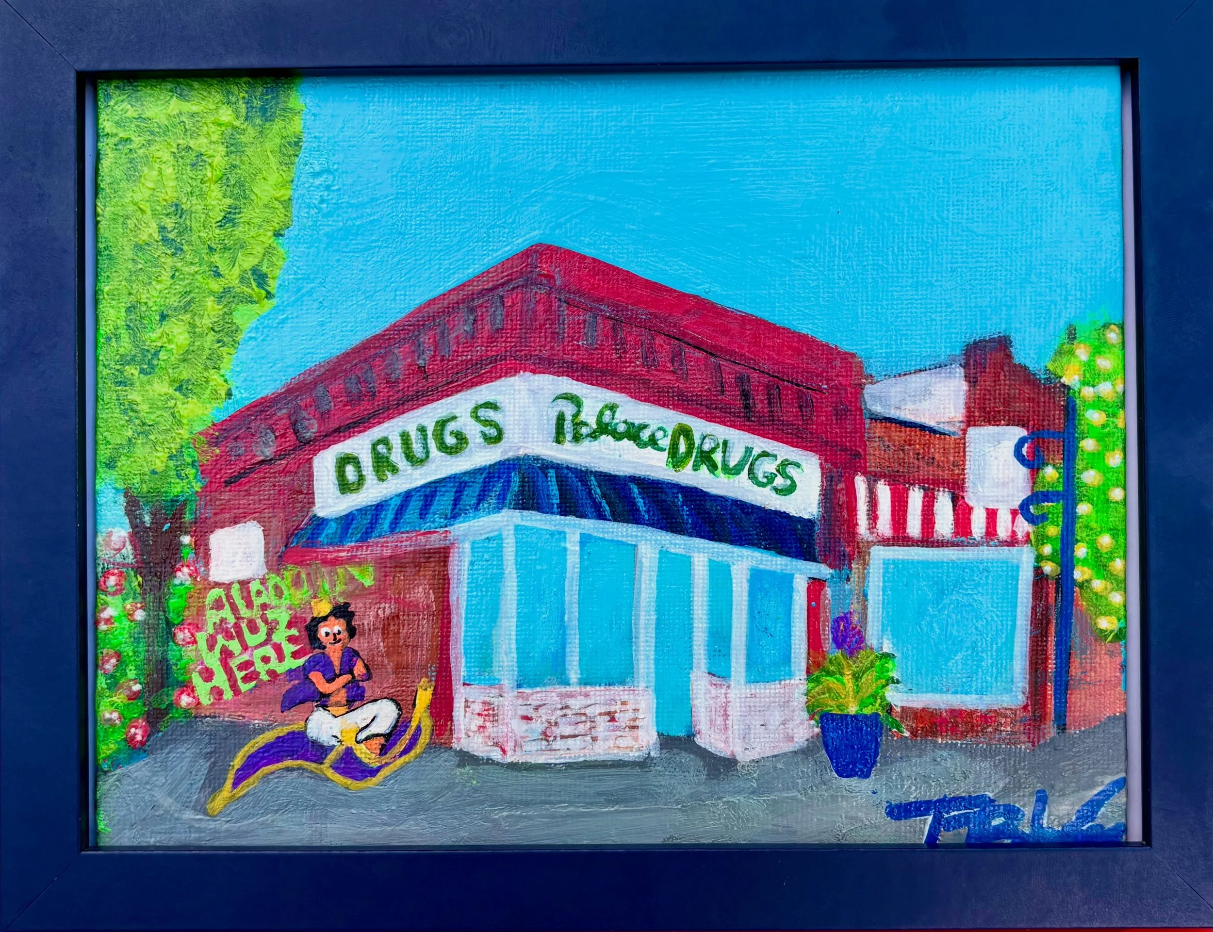 Aladdin Wuz Here at Palace Drugs in Cañon, CO, Acrylic on canvas board in frame, 6 ½ x 8 in. 2025