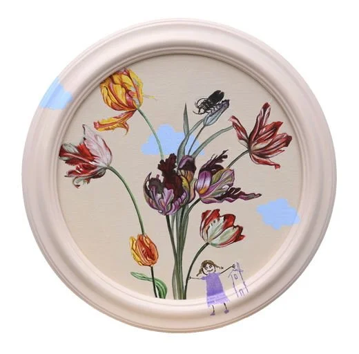 Girl in a Violet Dress, Acrylic on canvas, 12 in. diameter.