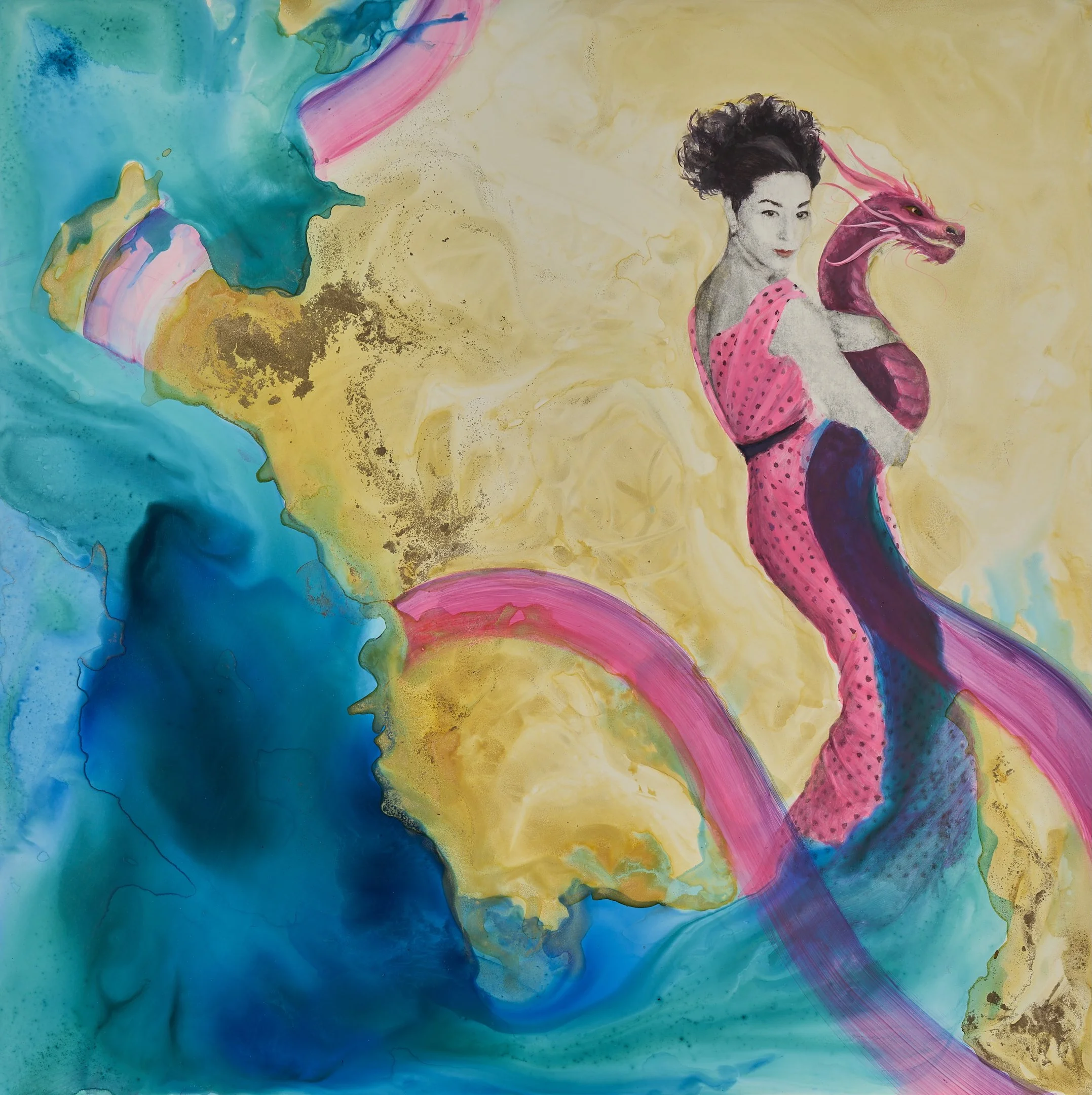 The Caregiver, Acrylic, ink and transfer on wood panel, 30 x 30 in.