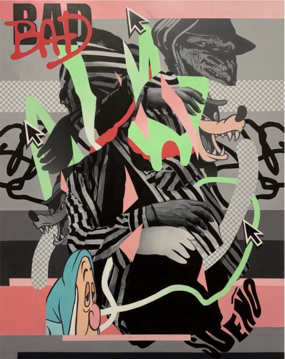 James Supa, BAD SUENO, Acrylic and screen print on birch wood panel, 48 x 38 in. 2021