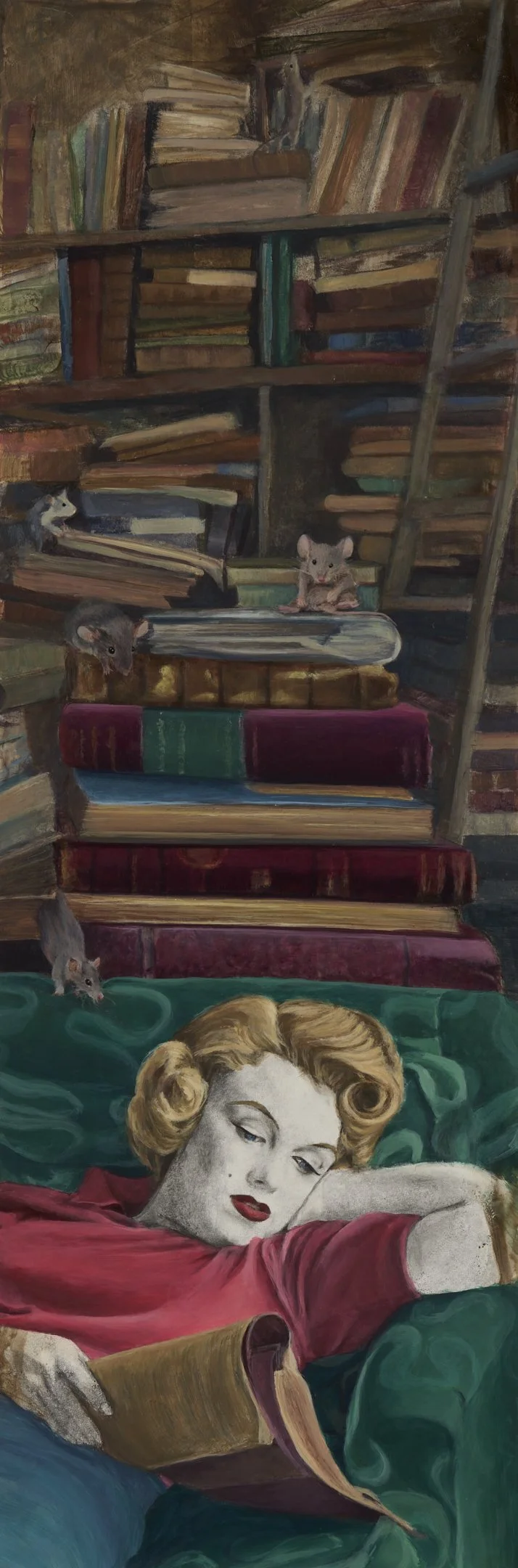Library Mouse, Acrylic and transfer on wood panel, 36 x 12 in.