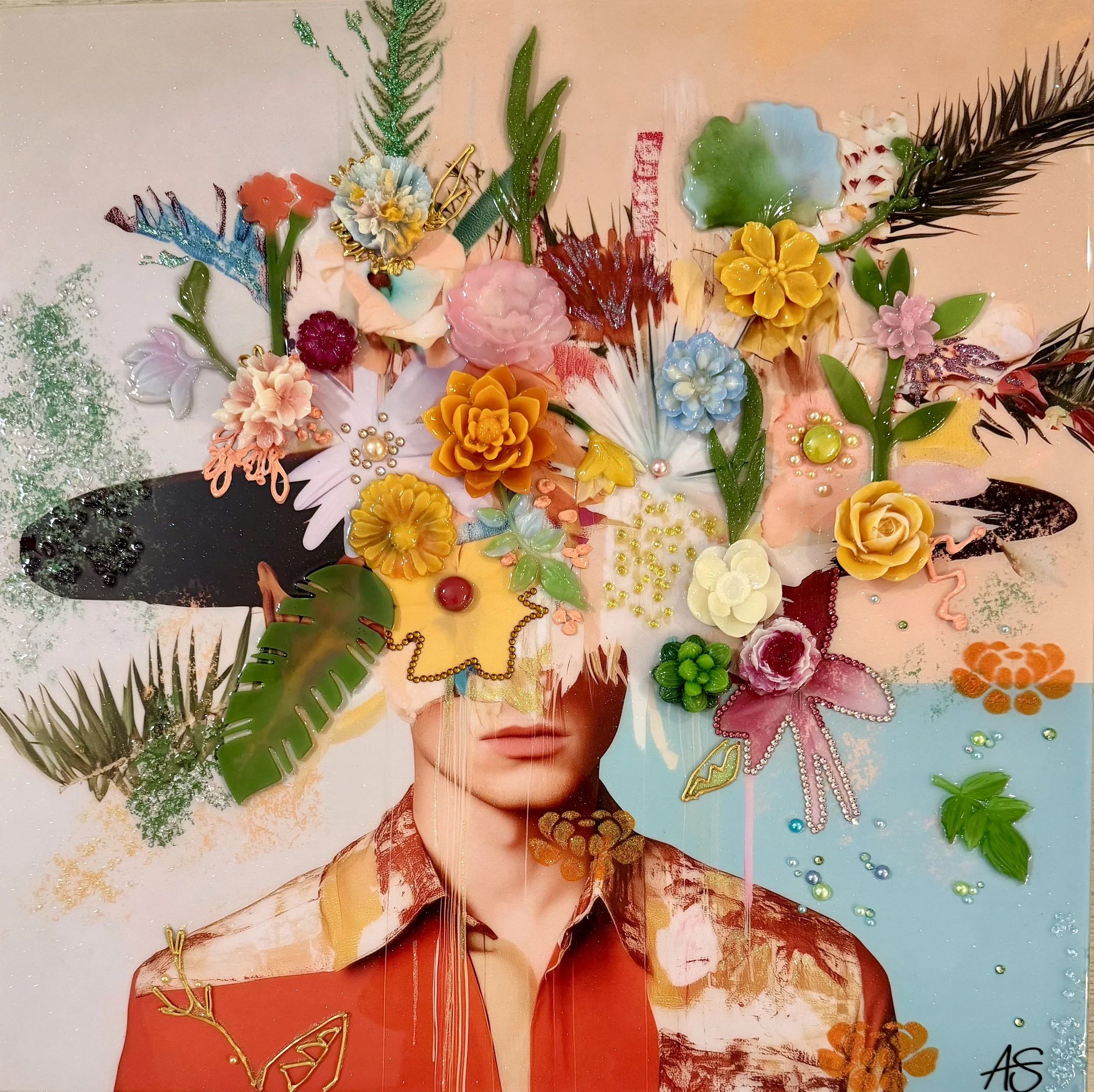 Always On My Mind, Mixed media and resin on canvas with panel backing, 24 x 24 in. 2025, SOLD