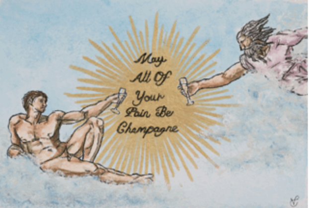 May All Of Your Pain Be Champagne, Watercolor, ink, oil pastel and metallic paint on 200 lb cold press paper with natural edges, 9 in. x 11 in. 2025