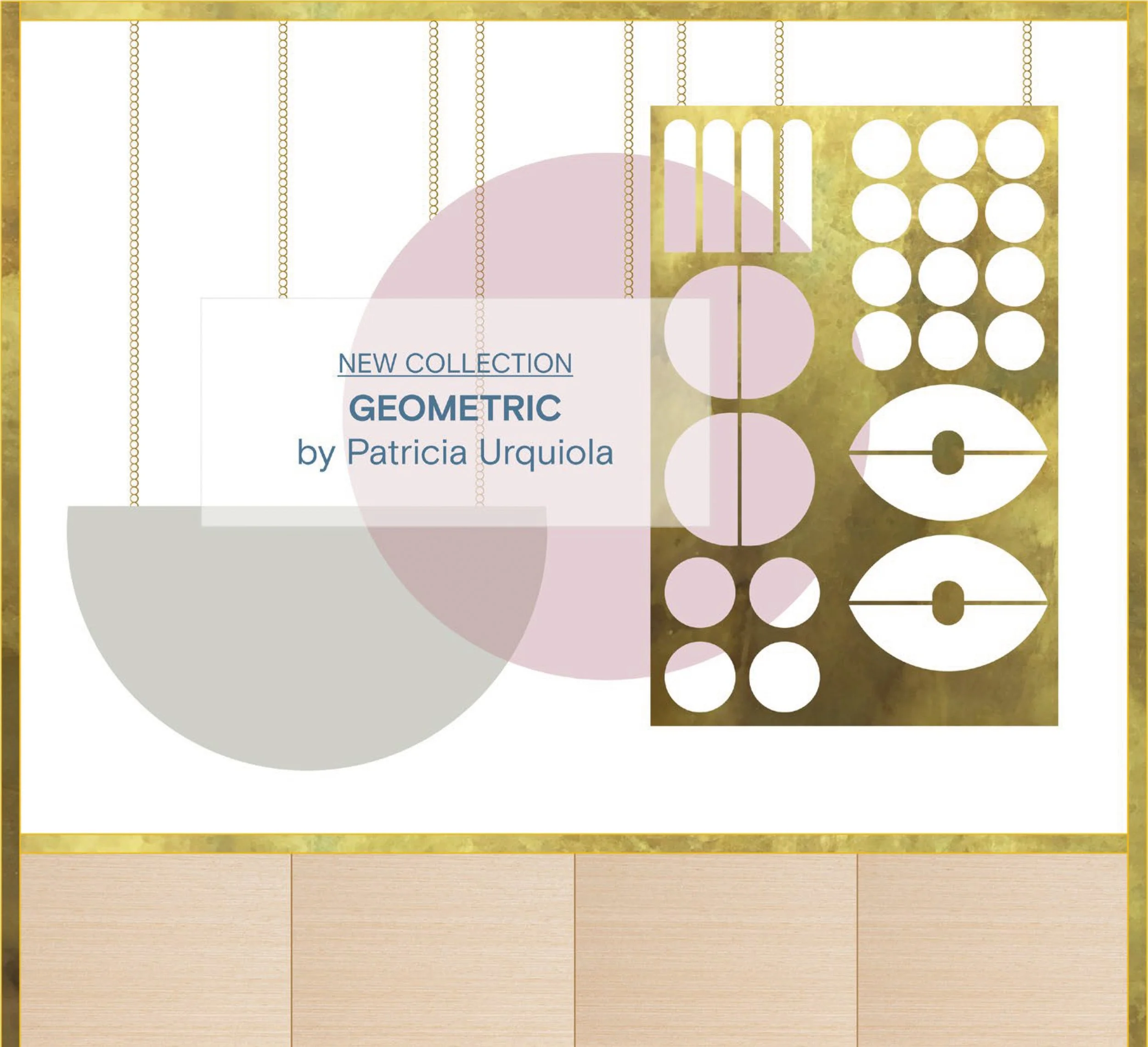 Anuncio de colección "Geometric" por Patricia Urquiola, con formas geométricas en dorado y tonos pastel.