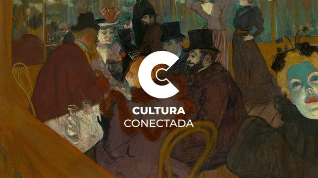 Pintura de Toulouse-Lautrec con personas en un café, con Logo de Cultura Conectada. Branding por Agosto Creative Studio.
