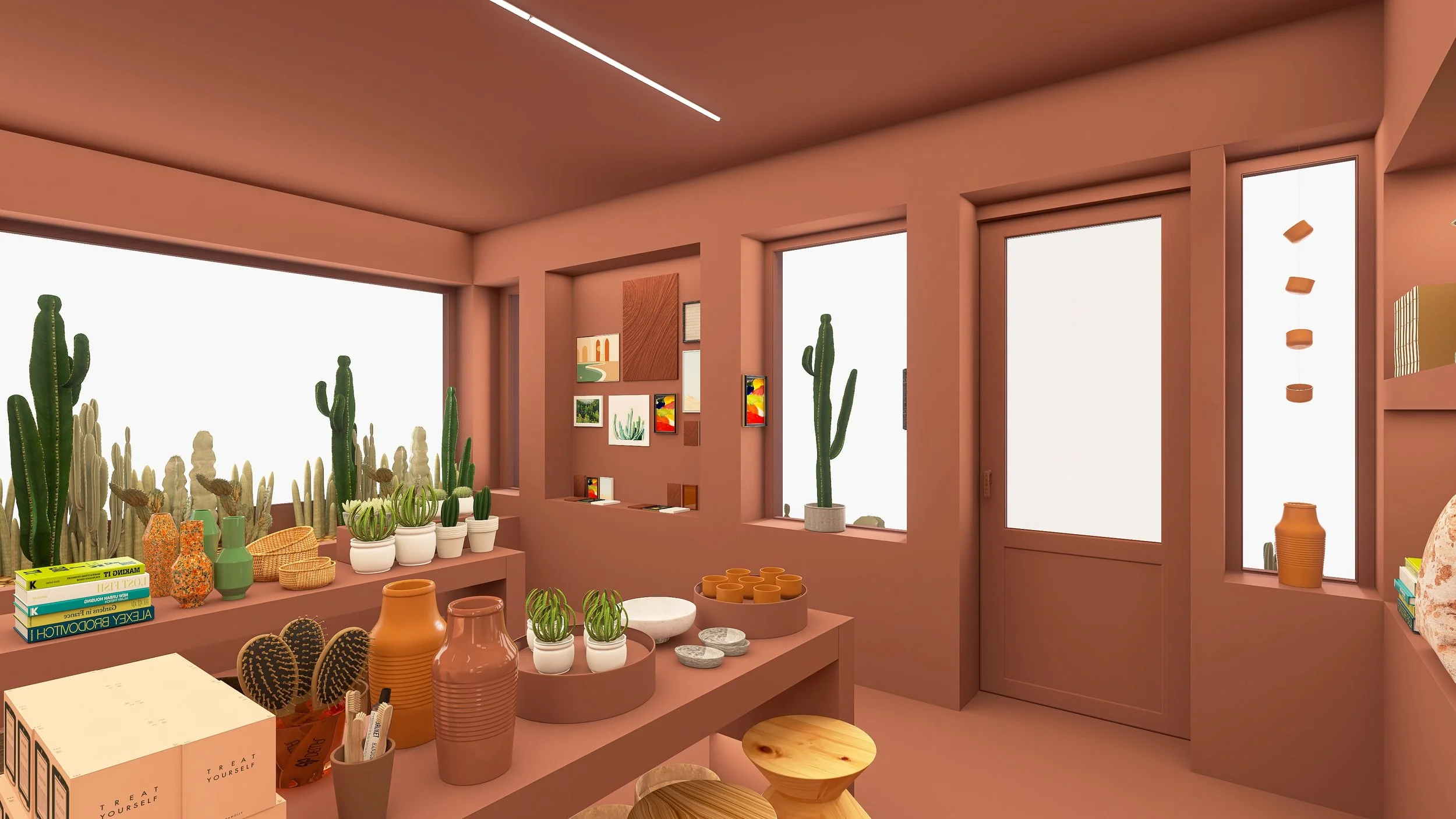 Habitación decorada con cactus, libros, jarrones y adornos cerámicos sobre estantes y mesas; las paredes y el mobiliario son de color terracota. Ventanas grandes permiten la entrada de luz natural. Interiorismo comercial. Retail design.