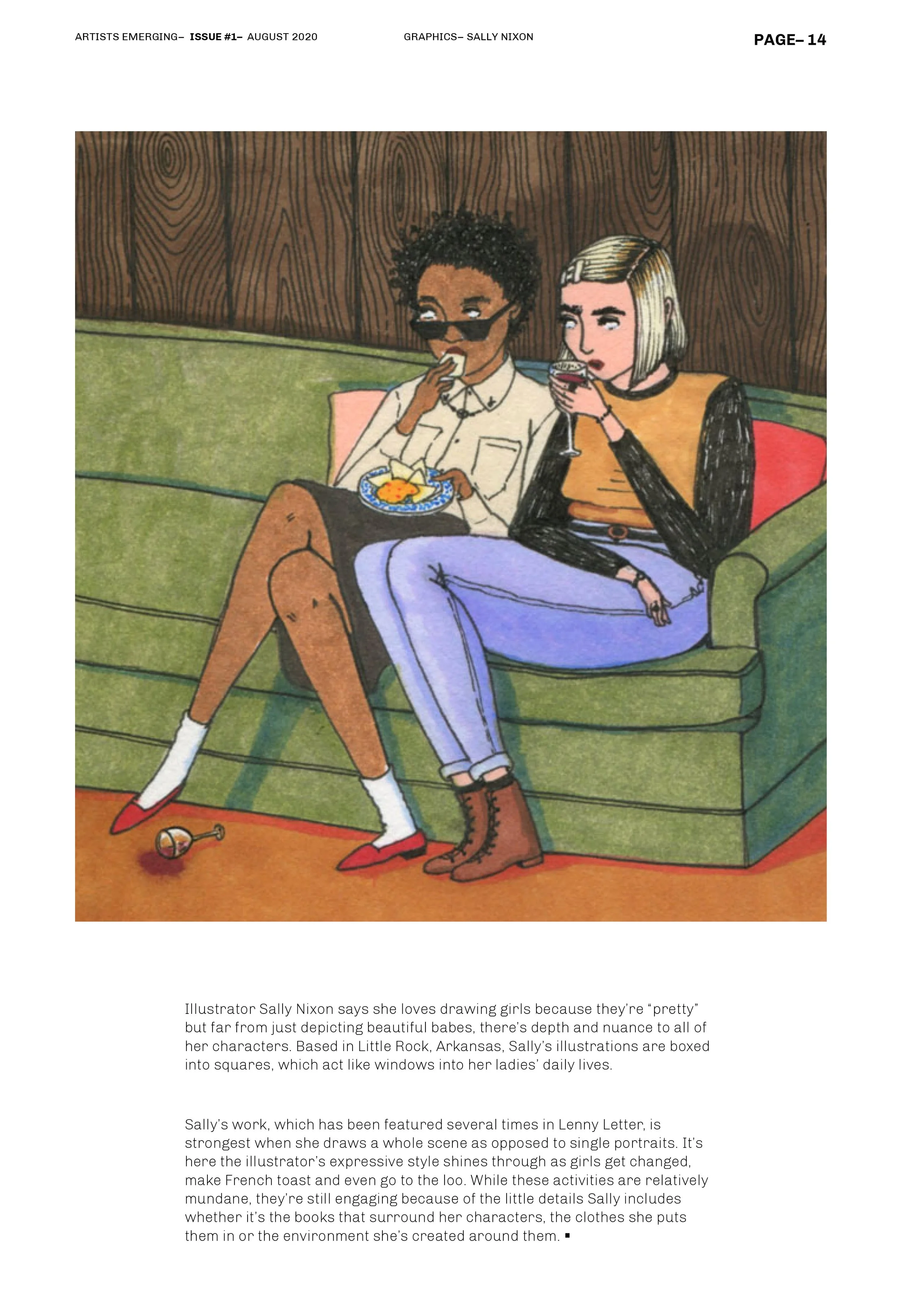 Ilustración de dos personas sentadas en un sofá verde, una comiendo papas fritas y la otra bebiendo de una copa, con texto sobre la ilustradora debajo. Diseño editorial. Editorial design. Agosto Creative Studio.