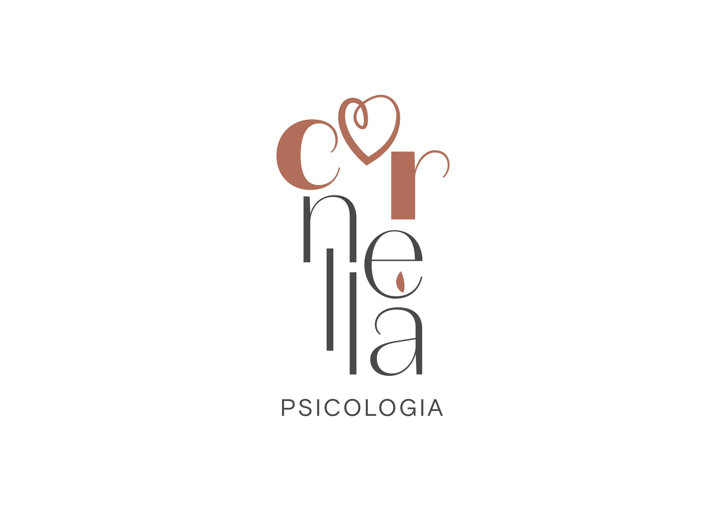 Logotipo con texto "Cornelia Psicología" en tipografía estilizada, color marrón y negro, con un pequeño corazón dentro de una letra. Logo e identidad visual centro de psicologia Cor Nellà. Branding. Agosto Creative Studio.