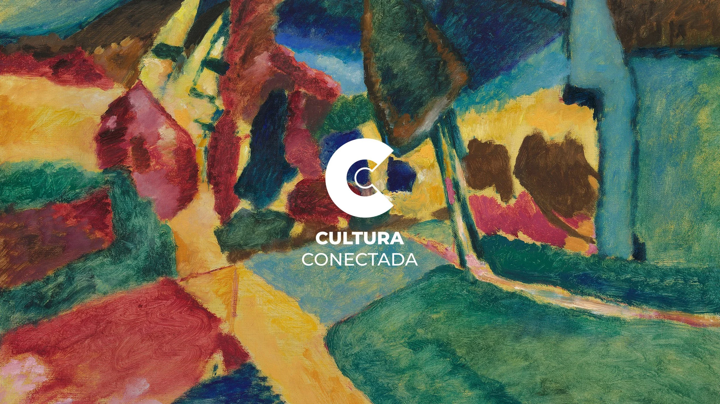 Pintura abstracta en colores vivos con el texto "Cultura Conectada" en el centro. Logo de Cultura Conectada. Branding por Agosto Creative Studio. Branding y diseño de identidad visual y logotipo de magazín cultural.