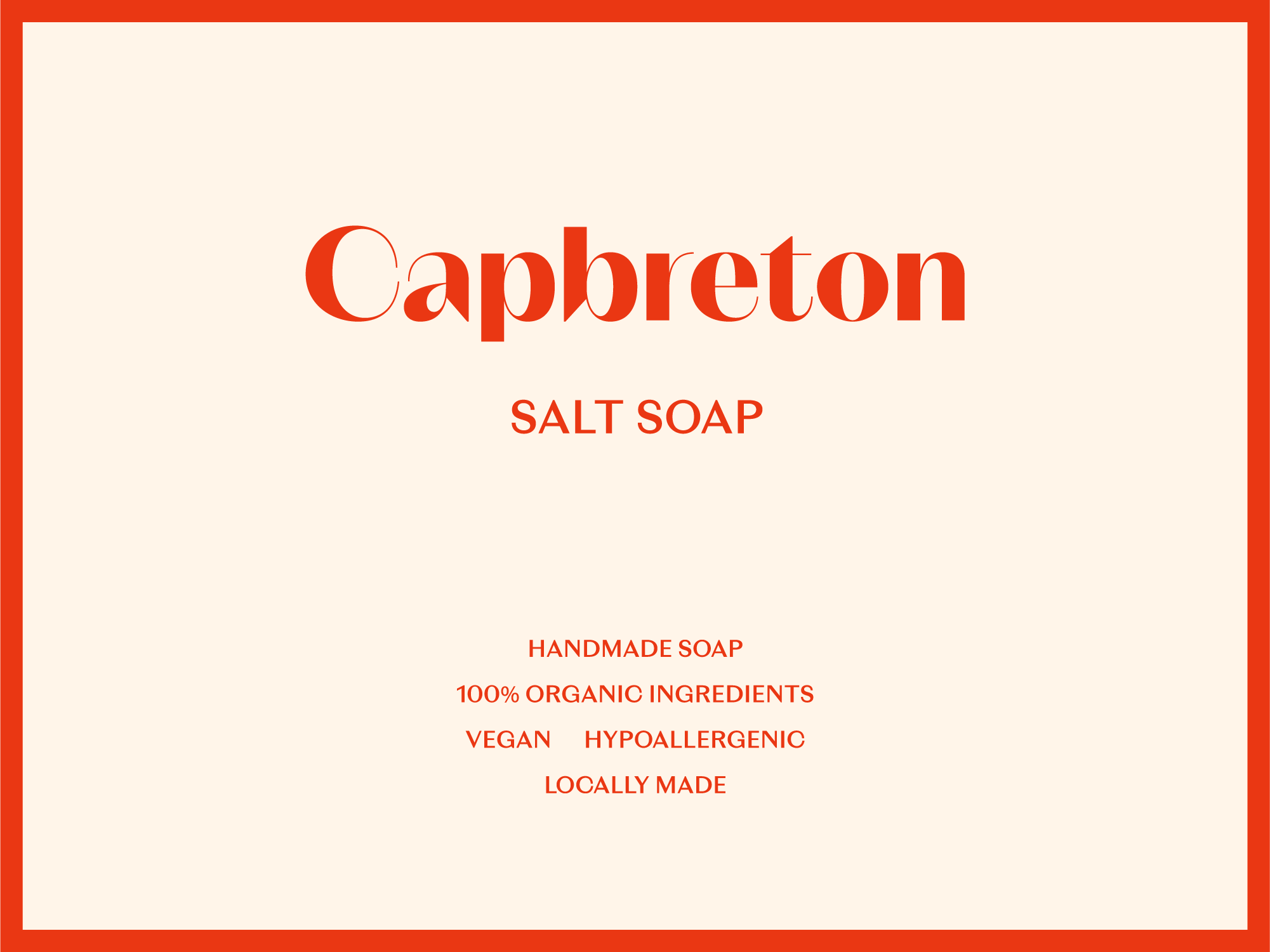 Etiqueta de jabón de sal Capbreton, resaltando que es artesanal, 100% orgánico, vegano, hipoalergénico y producido localmente, con un diseño en tonos rojo y crema. Branding por Agosto Creative Studio. Branding y diseño de identidad visual y logotipo