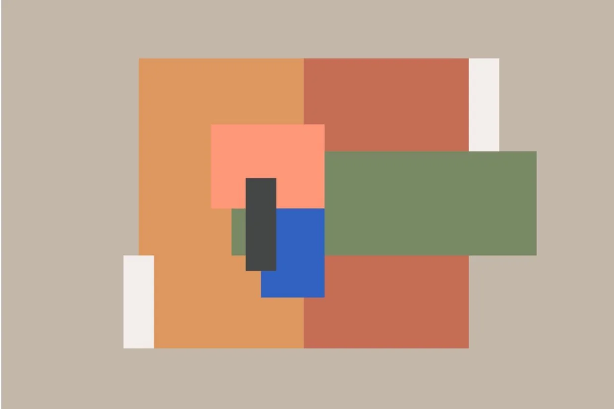 Arte abstracto con cuadrados y rectángulos de colores: beige, naranja, rosado, verde, azul y blanco. Logo e identidad visual centro de psicologia Cor Nellà. Branding.