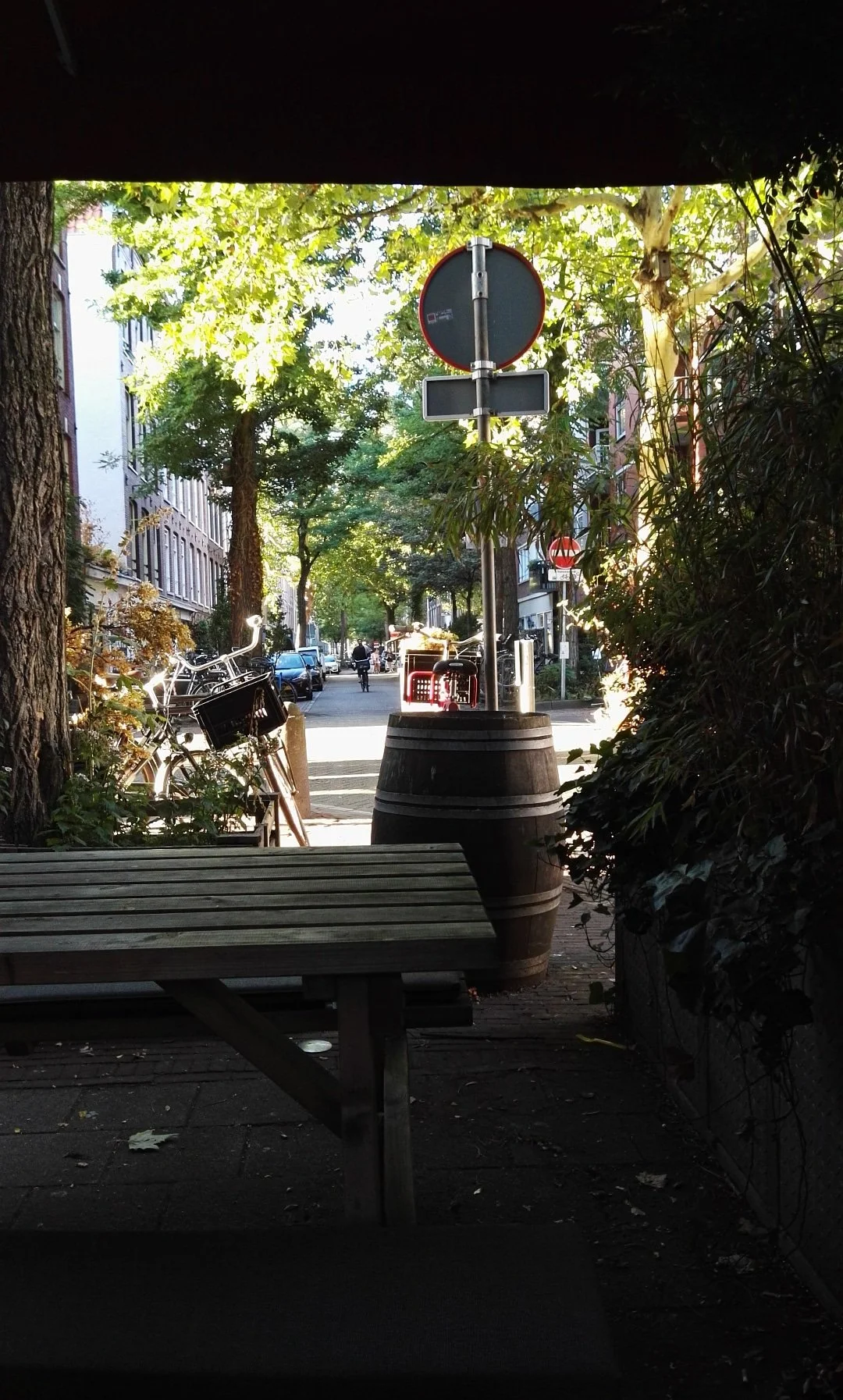 Vista de una calle desde un lugar cubierto, con árboles, un cartel de tráfico y bicicletas en el fondo.