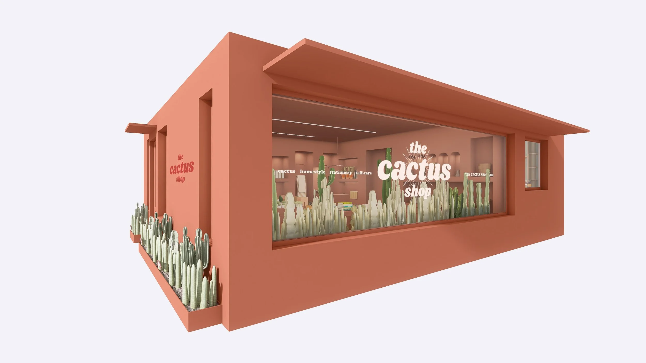 Tienda de cactus de color terracota con grandes ventanas y cactus en exhibición en el frente. The Cactus Shop, diseño de interiorismo y visual merchandising. Agosto Creative Studio.