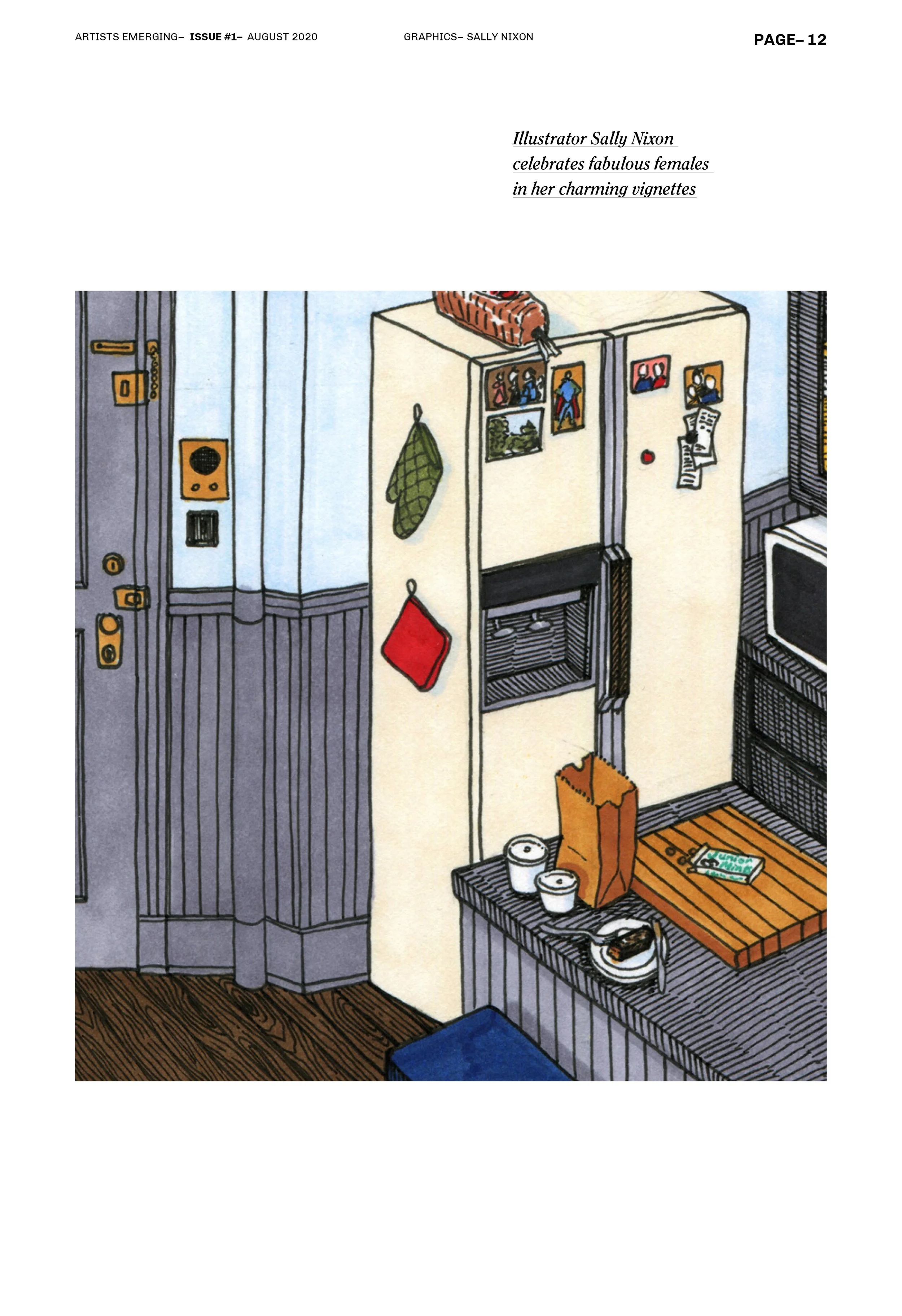 Ilustración de una cocina con refrigerador, mesa, y objetos como papel y taza. Estilo de dibujo colorido. Diseño editorial. Editorial design. Agosto Creative Studio.