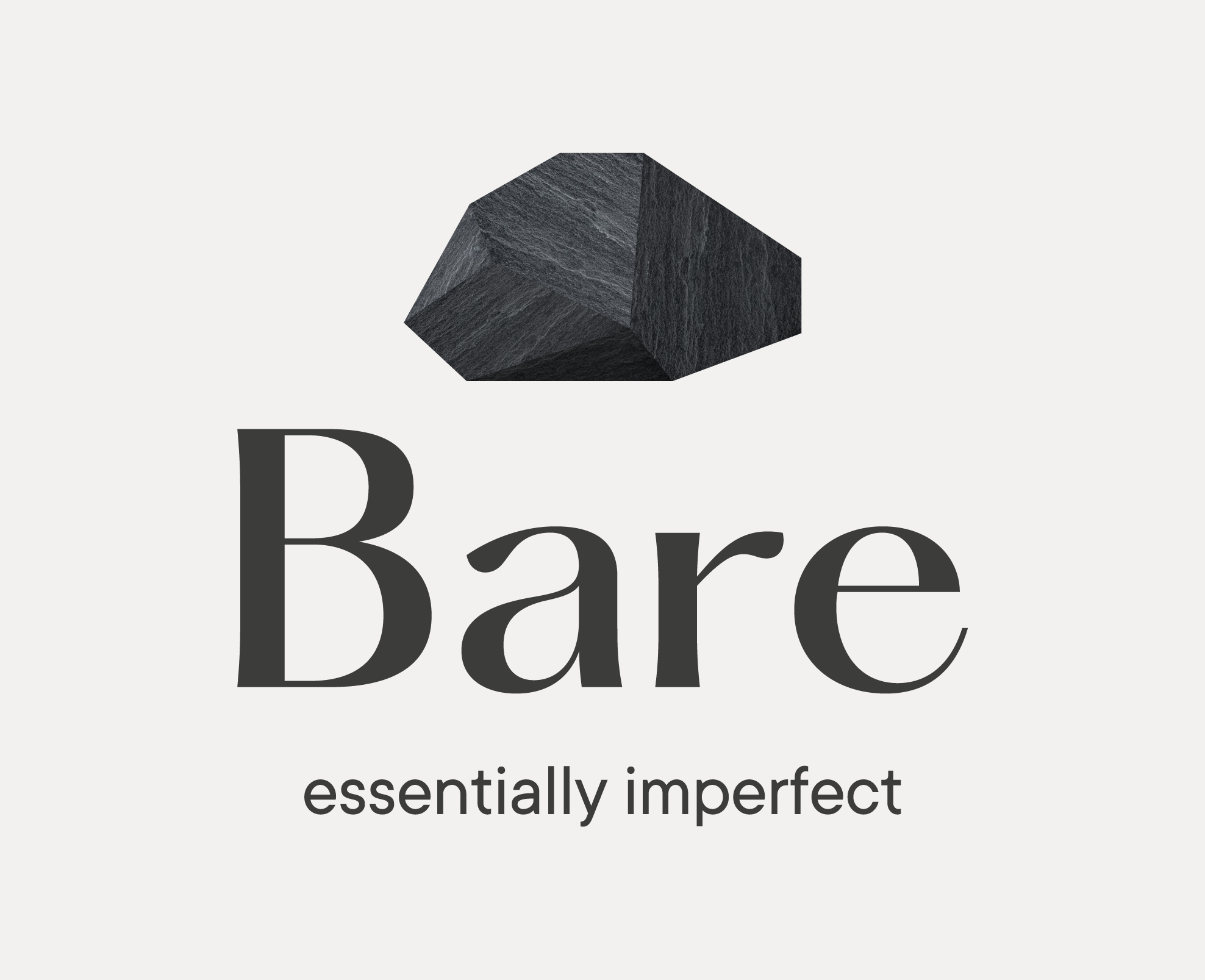 Logotipo de "Bare" con la frase "essentially imperfect" y una figura geométrica negra en la parte superior. Por Agosto Creative Studio Barcelona. Agencia de diseño y comunicación Barcelona.